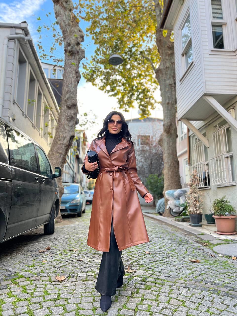 Lydia Kaplama Düğmeli Uzun Trenç Kahve