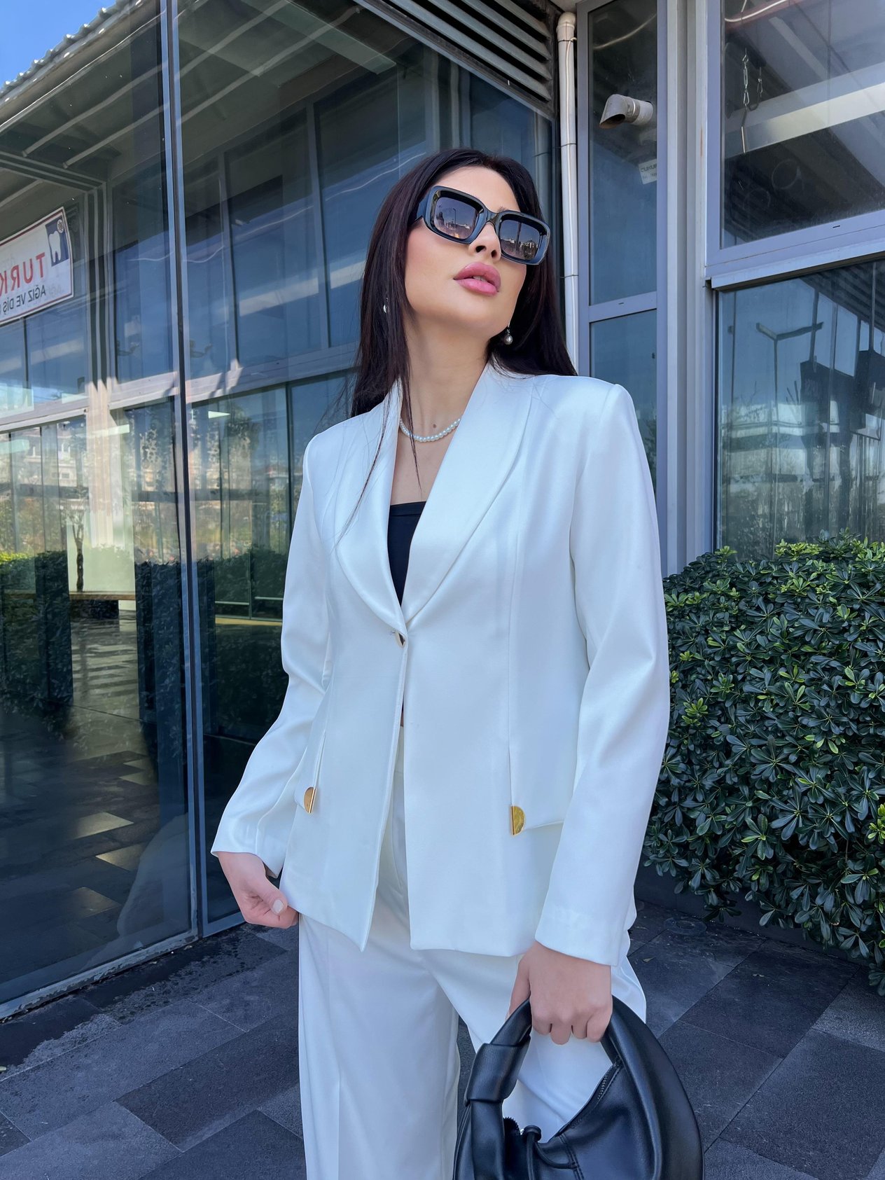 Özel Tasarım Cep Detaylı Blazer İkili Takım Beyaz