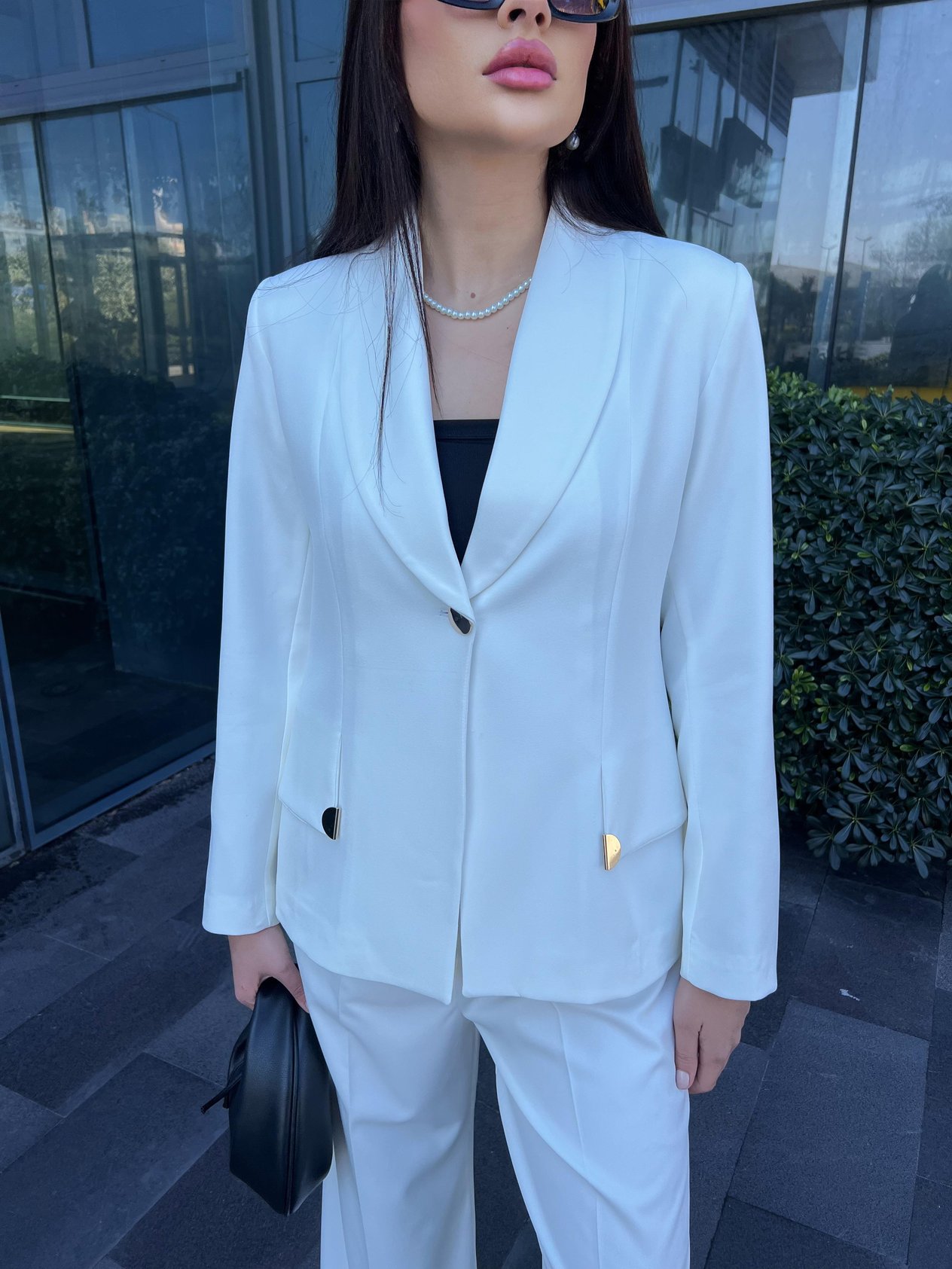 Özel Tasarım Cep Detaylı Blazer İkili Takım Beyaz