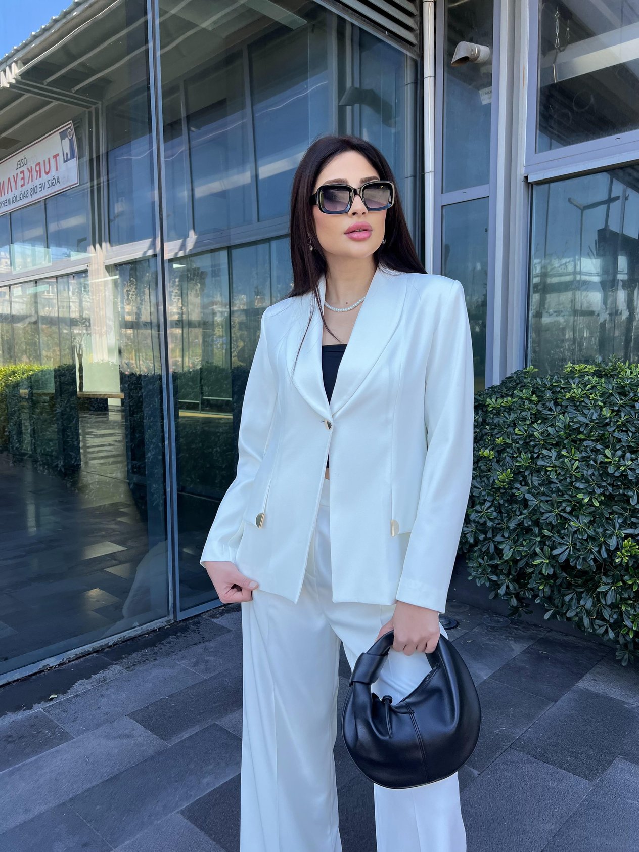 Özel Tasarım Cep Detaylı Blazer İkili Takım Beyaz