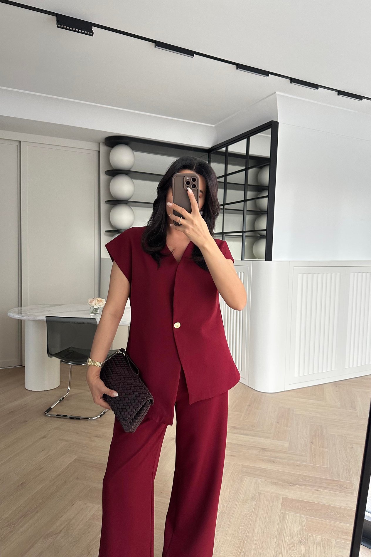 Bordo Gold Düğme Detaylı Yelek Pantolon Takım 