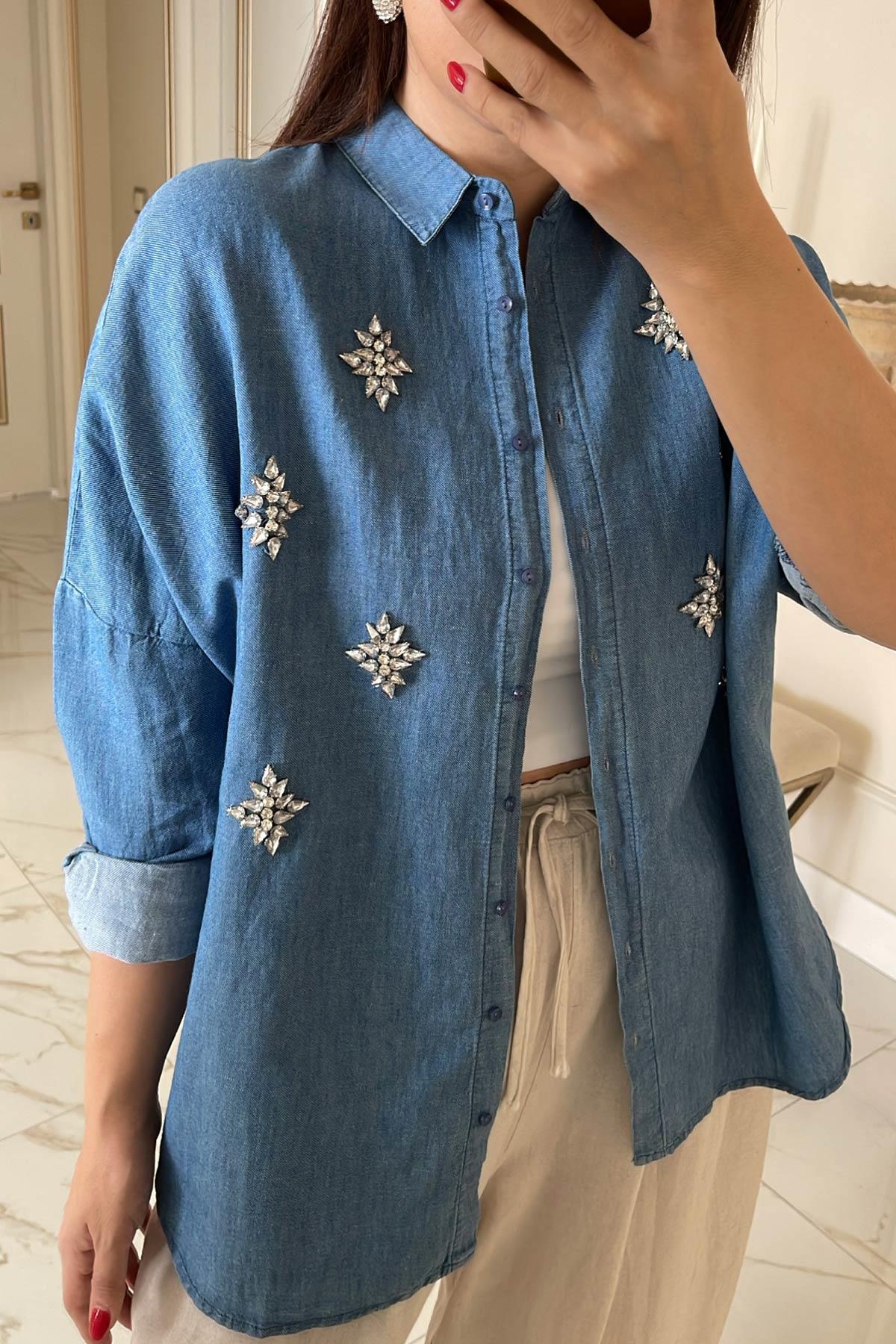 Taşlı Denim Gömlek