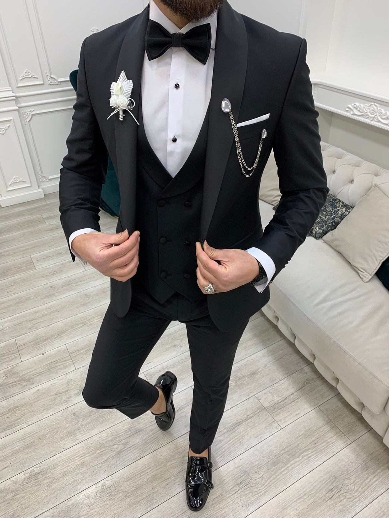 Battal Boy Smokin Damatlık  Ceket Yelek Pantolon Papyon - Siyah