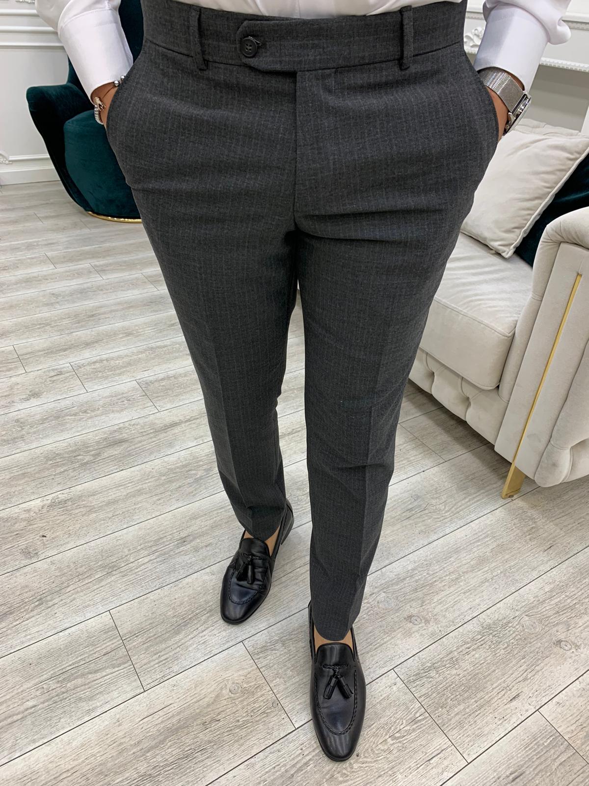 Erkek Çizgili Kruvaze Takım Elbise Kırlangıç Yaka İtalyan Kesim Slim Fit Ceket Pantolon-Gri