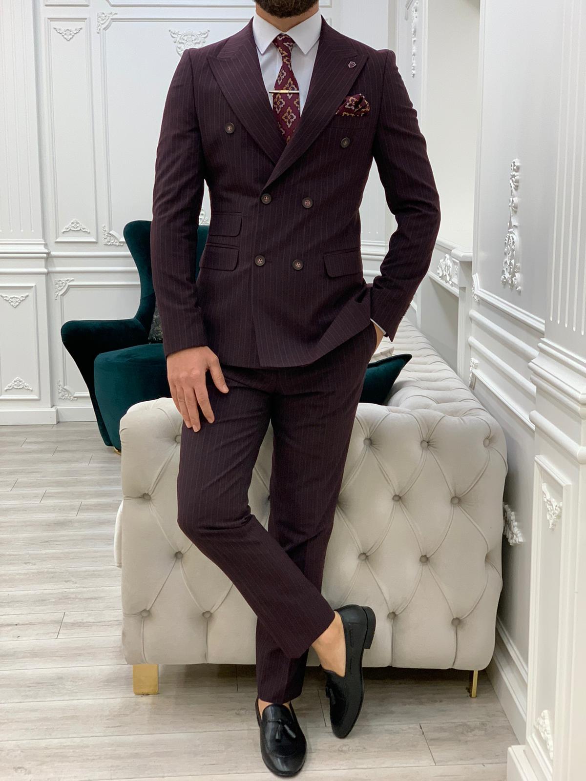 Erkek Çizgili Kruvaze Takım Elbise Kırlangıç Yaka İtalyan Kesim Slim Fit Ceket Pantolon-Bordo