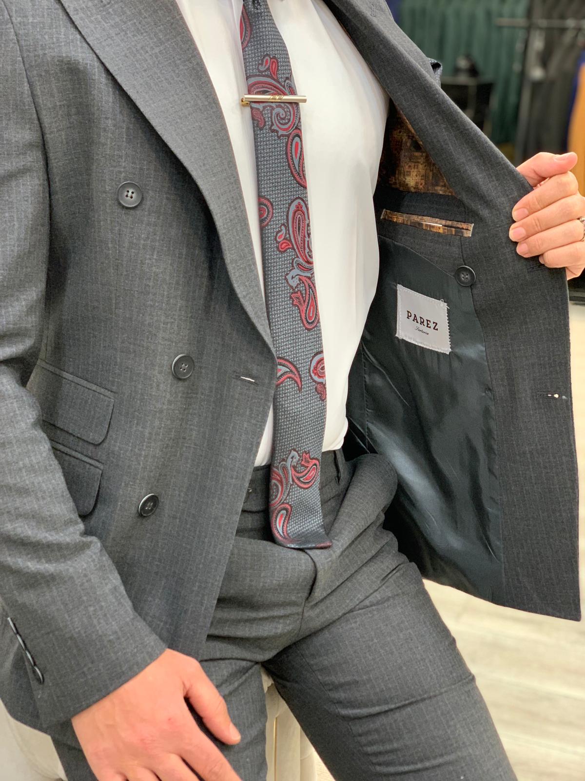 Erkek Çizgili Kruvaze Takım Elbise Kırlangıç Yaka İtalyan Kesim Slim Fit Ceket Pantolon-Gri