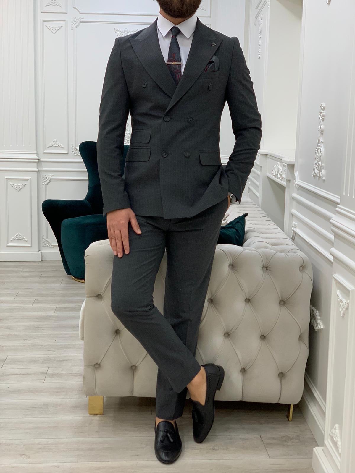 Erkek Çizgili Kruvaze Takım Elbise Kırlangıç Yaka İtalyan Kesim Slim Fit Ceket Pantolon-Gri
