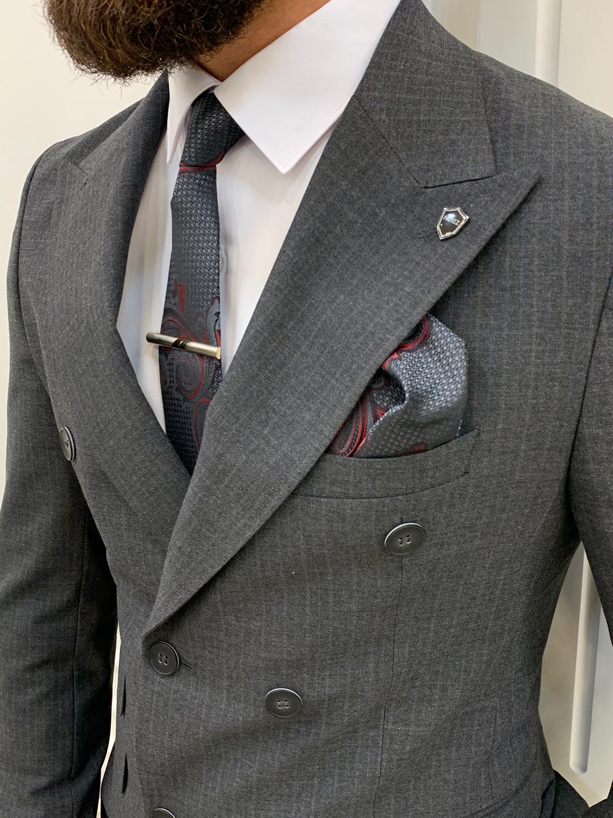 Erkek Çizgili Kruvaze Takım Elbise Kırlangıç Yaka İtalyan Kesim Slim Fit Ceket Pantolon-Gri