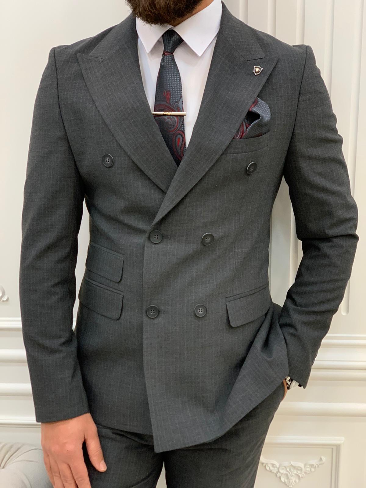Erkek Çizgili Kruvaze Takım Elbise Kırlangıç Yaka İtalyan Kesim Slim Fit Ceket Pantolon-Gri