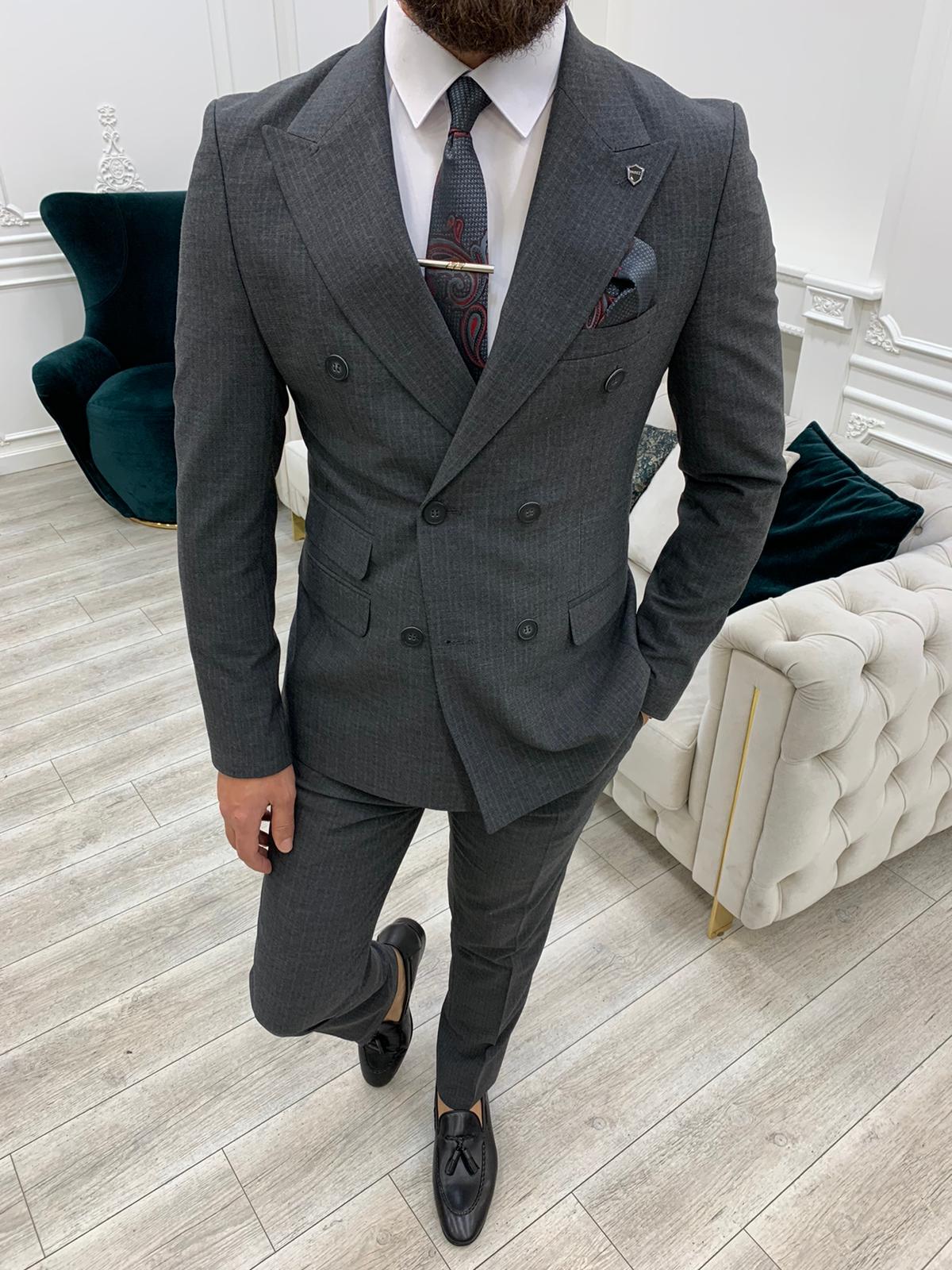 Erkek Çizgili Kruvaze Takım Elbise Kırlangıç Yaka İtalyan Kesim Slim Fit Ceket Pantolon-Gri