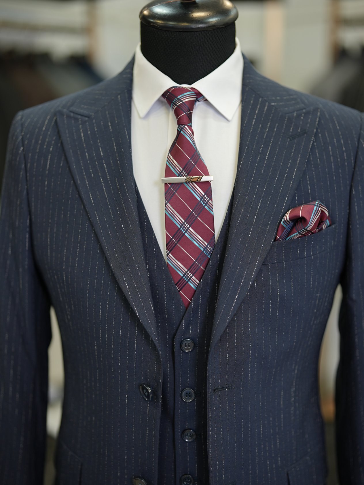 Erkek Çizgili Takım Elbise Kırlangıç Yaka İtalyan Stil Slim Fit Ceket Yelek Pantolon-Koyu - Koyu Lacivert
