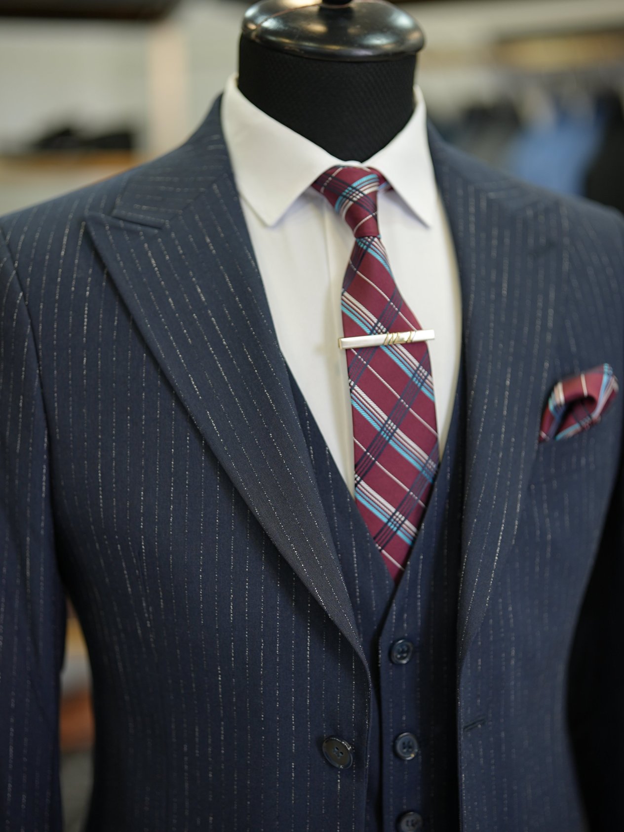 Erkek Çizgili Takım Elbise Kırlangıç Yaka İtalyan Stil Slim Fit Ceket Yelek Pantolon-Koyu - Koyu Lacivert