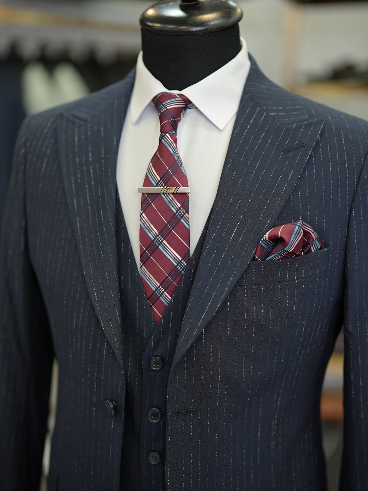 Erkek Çizgili Takım Elbise Kırlangıç Yaka İtalyan Stil Slim Fit Ceket Yelek Pantolon-Koyu - Koyu Lacivert