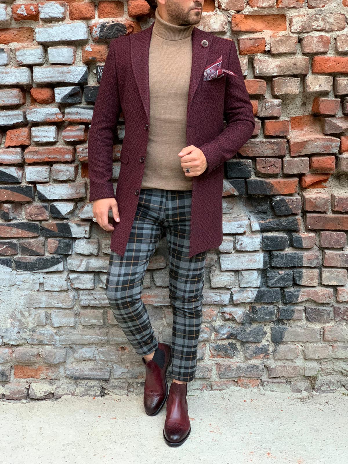 Erkek Desenli İtalyan Stil Slim Fit Yün Kaban-Bordo