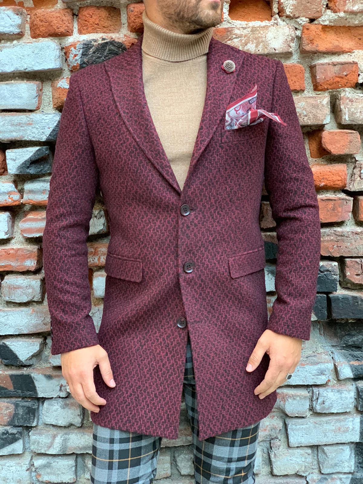 Erkek Desenli İtalyan Stil Slim Fit Yün Kaban-Bordo