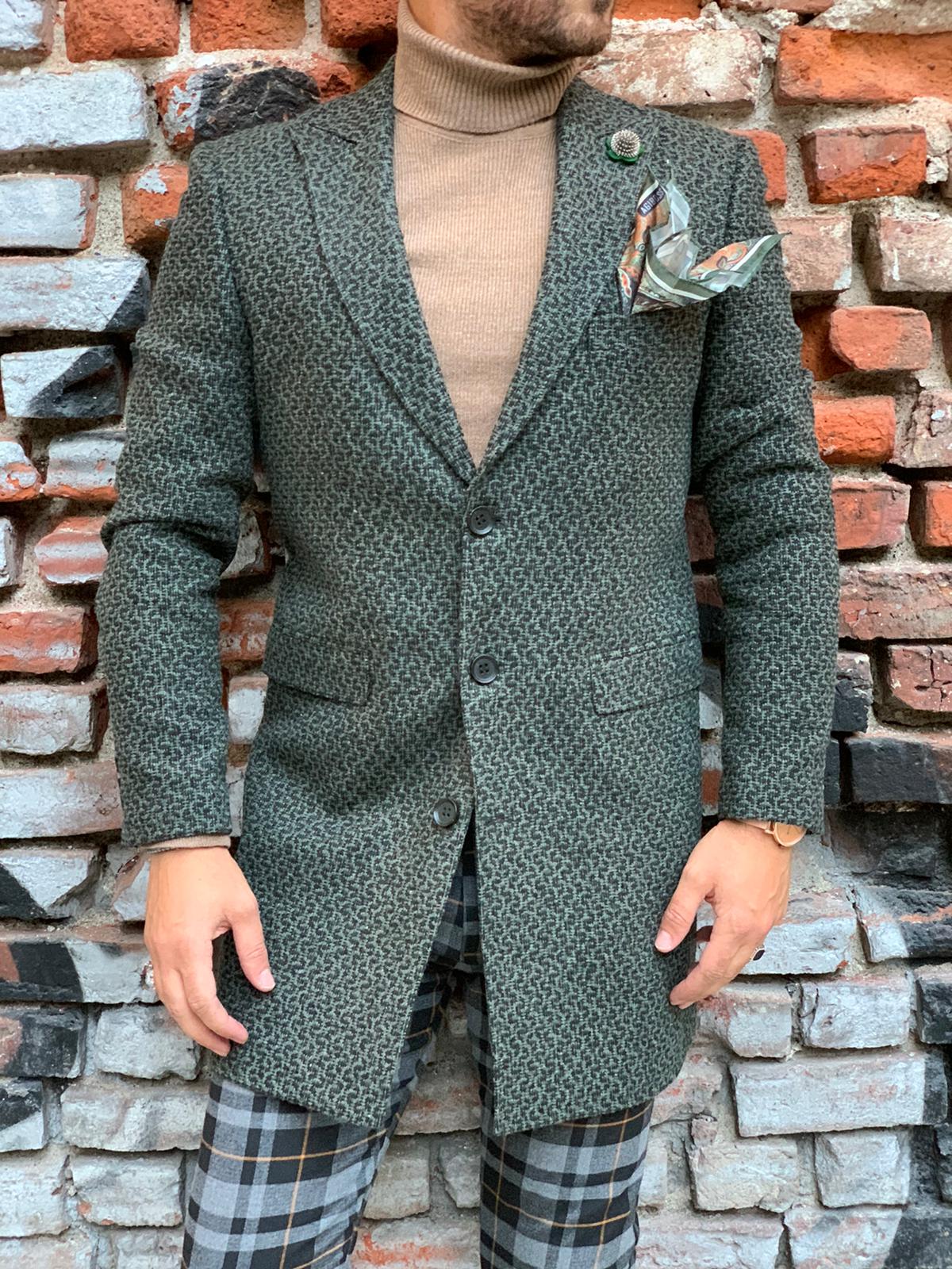 Erkek Desenli İtalyan Stil Slim Fit Yün Kaban-Yeşil