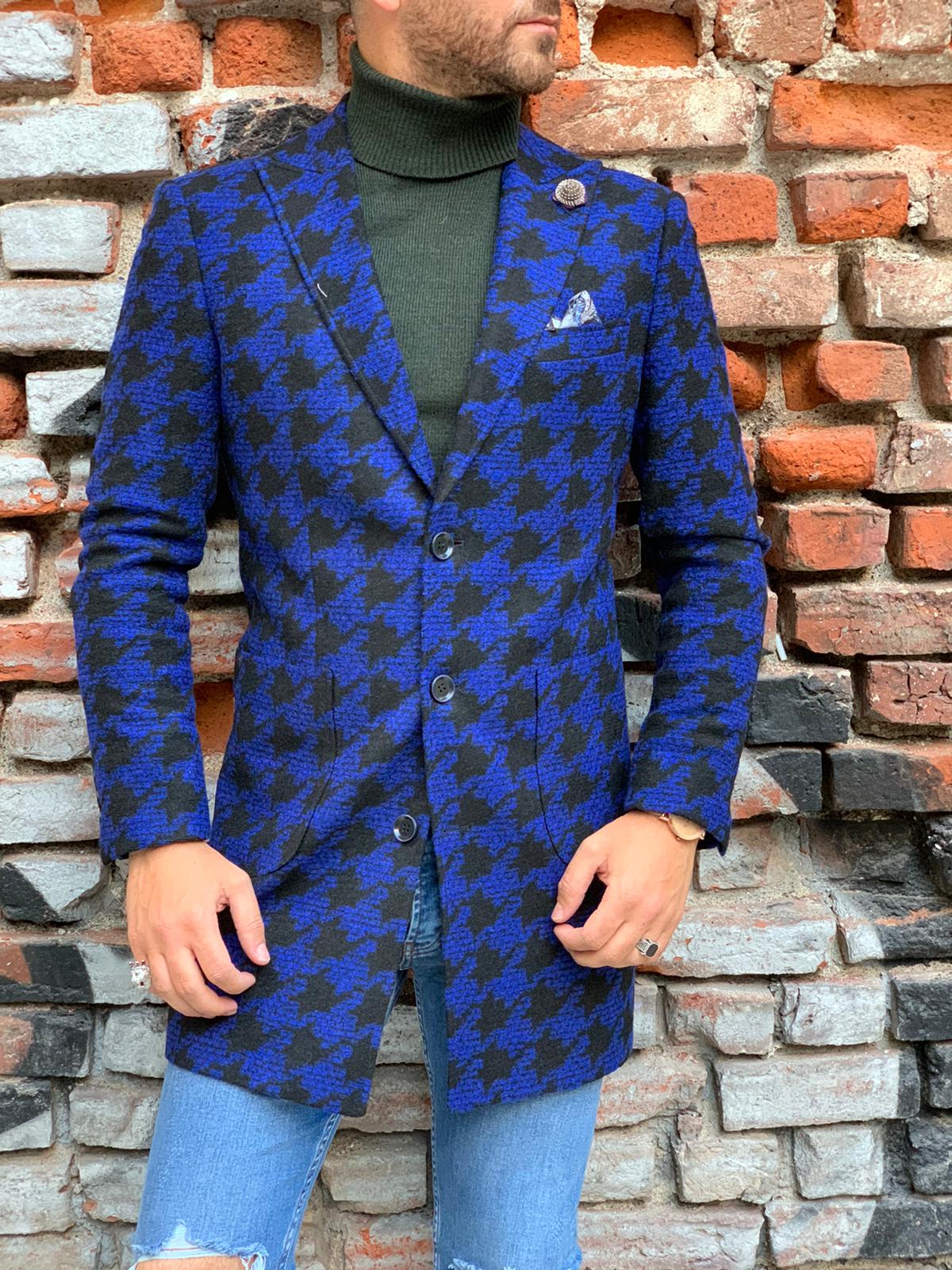 Erkek Desenli İtalyan Stil Slim Fit Yün Kaban-Mavi