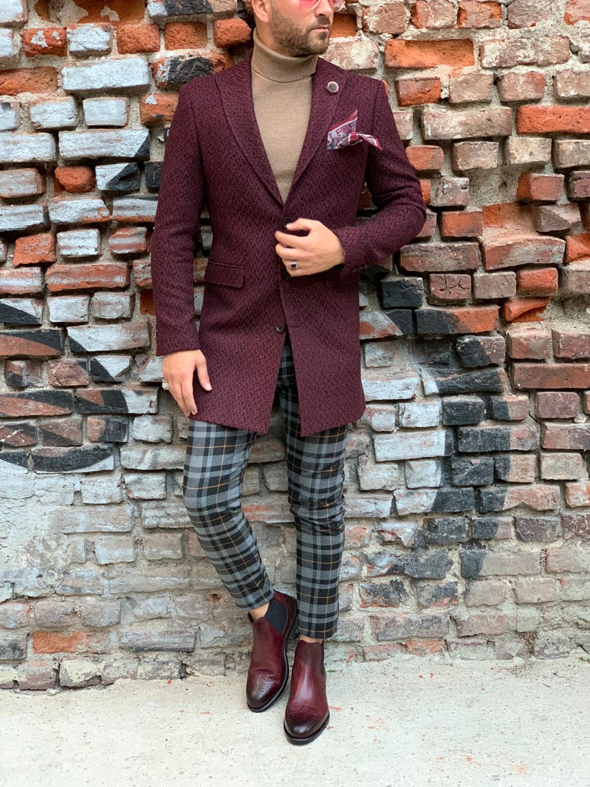 Erkek Desenli İtalyan Stil Slim Fit Yün Kaban-Bordo
