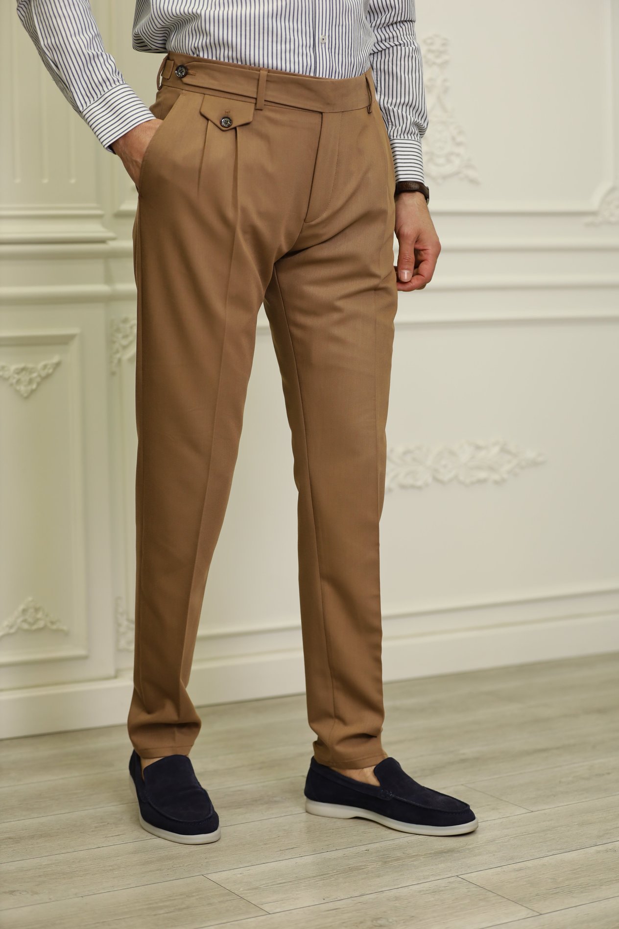 Erkek İtalyan Stil Slim Fit Kumaş Pantolon-Sütlü Kahve