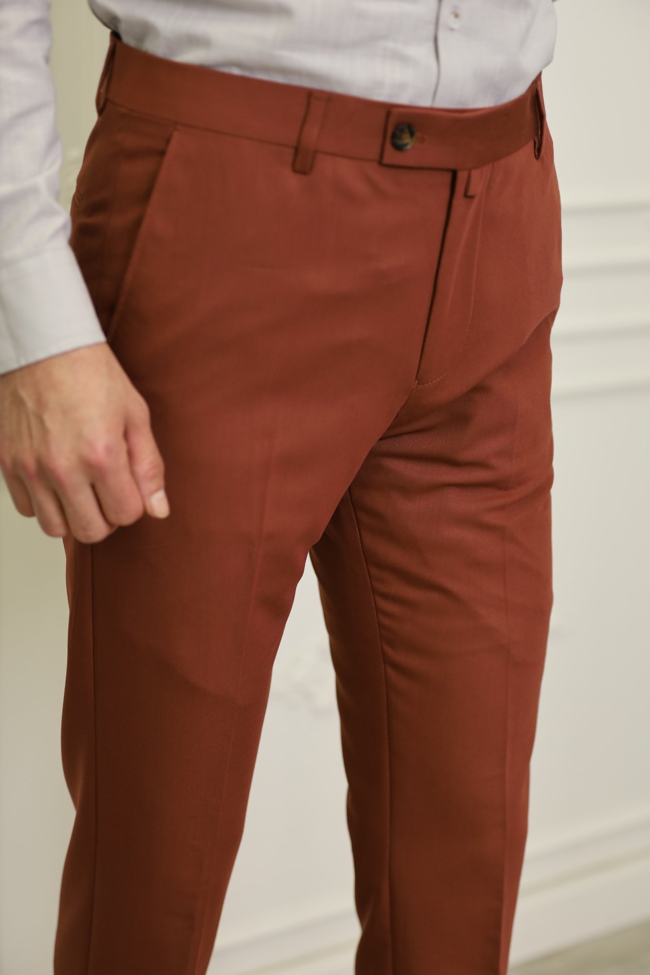 Erkek İtalyan Stil Slim Fit Kumaş Pantolon-Kremit