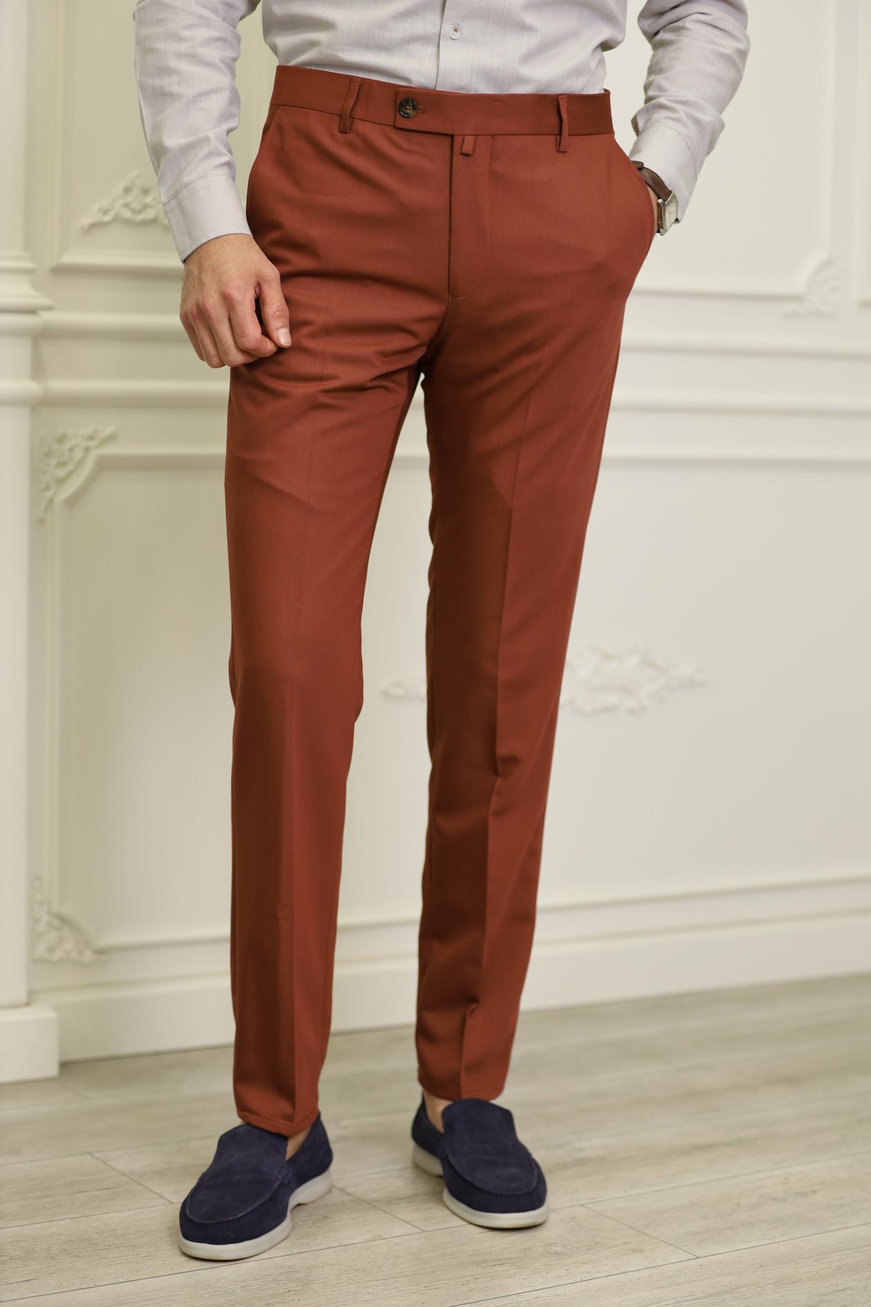 Erkek İtalyan Stil Slim Fit Kumaş Pantolon-Kremit