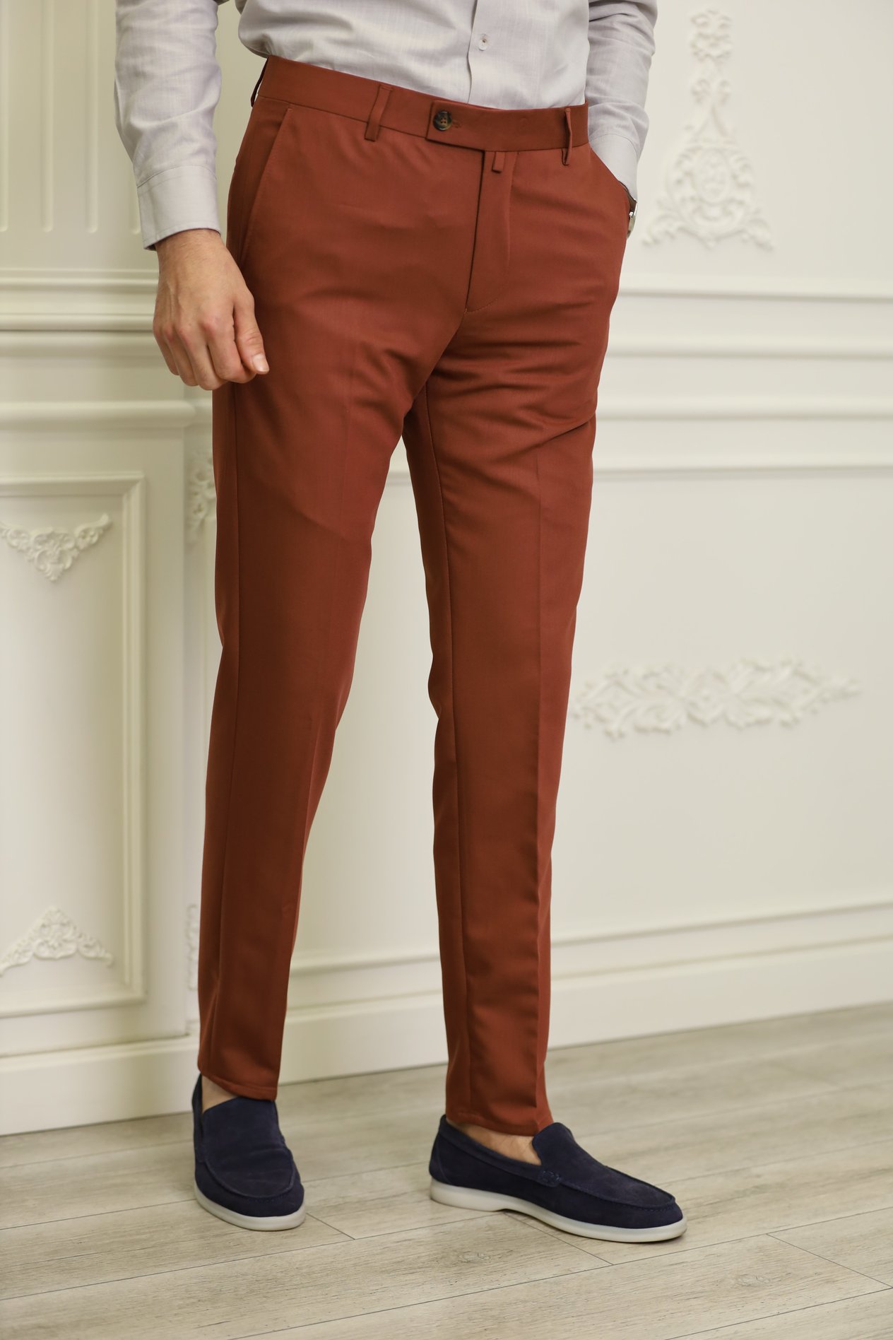 Erkek İtalyan Stil Slim Fit Kumaş Pantolon-Kremit