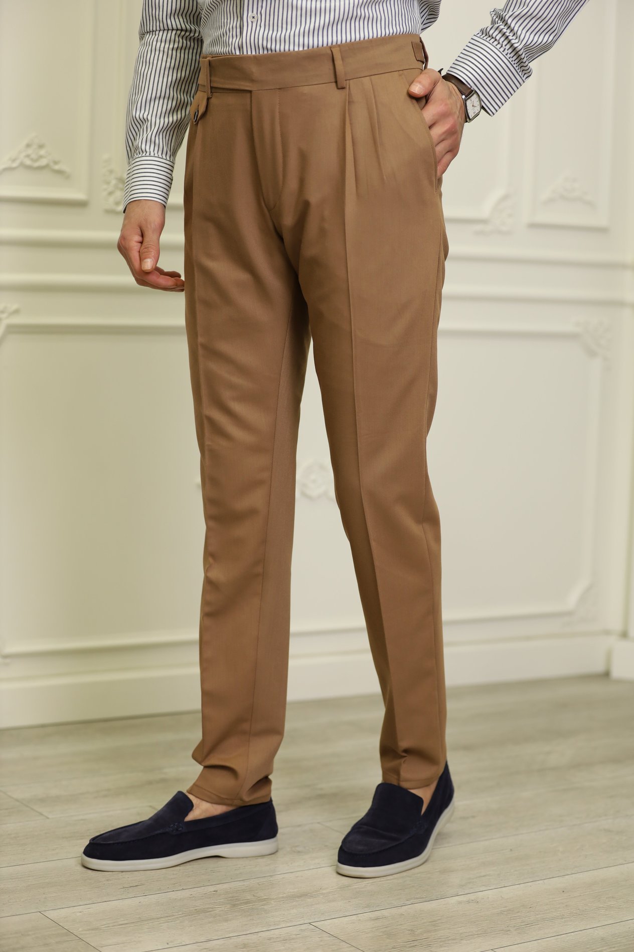Erkek İtalyan Stil Slim Fit Kumaş Pantolon-Sütlü Kahve