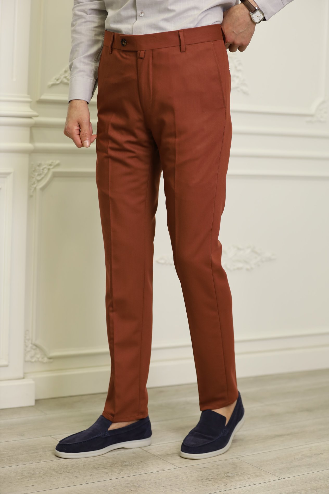 Erkek İtalyan Stil Slim Fit Kumaş Pantolon-Kremit