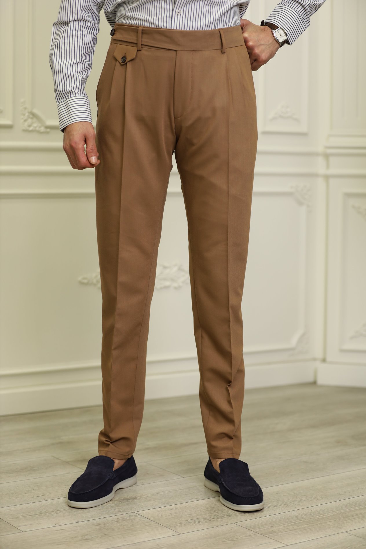 Erkek İtalyan Stil Slim Fit Kumaş Pantolon-Sütlü Kahve