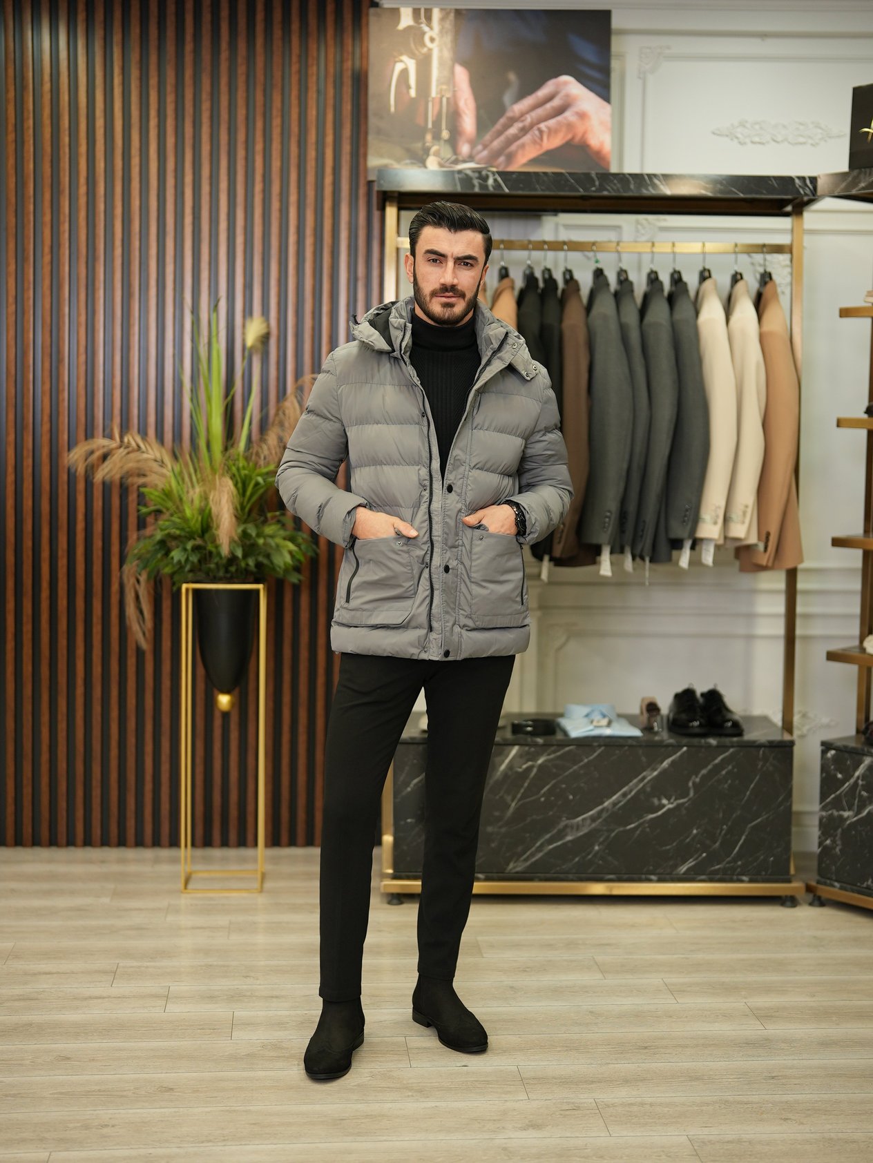 Erkek  Kışlık Şişme Mont-Gri