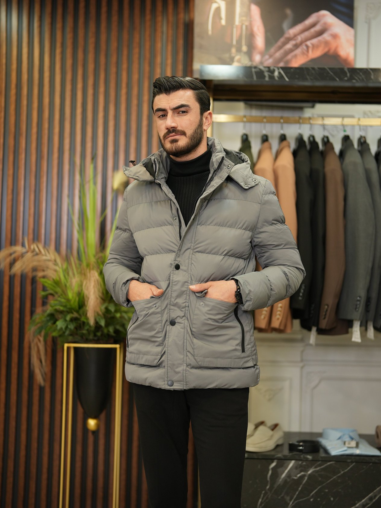 Erkek  Kışlık Şişme Mont-Gri