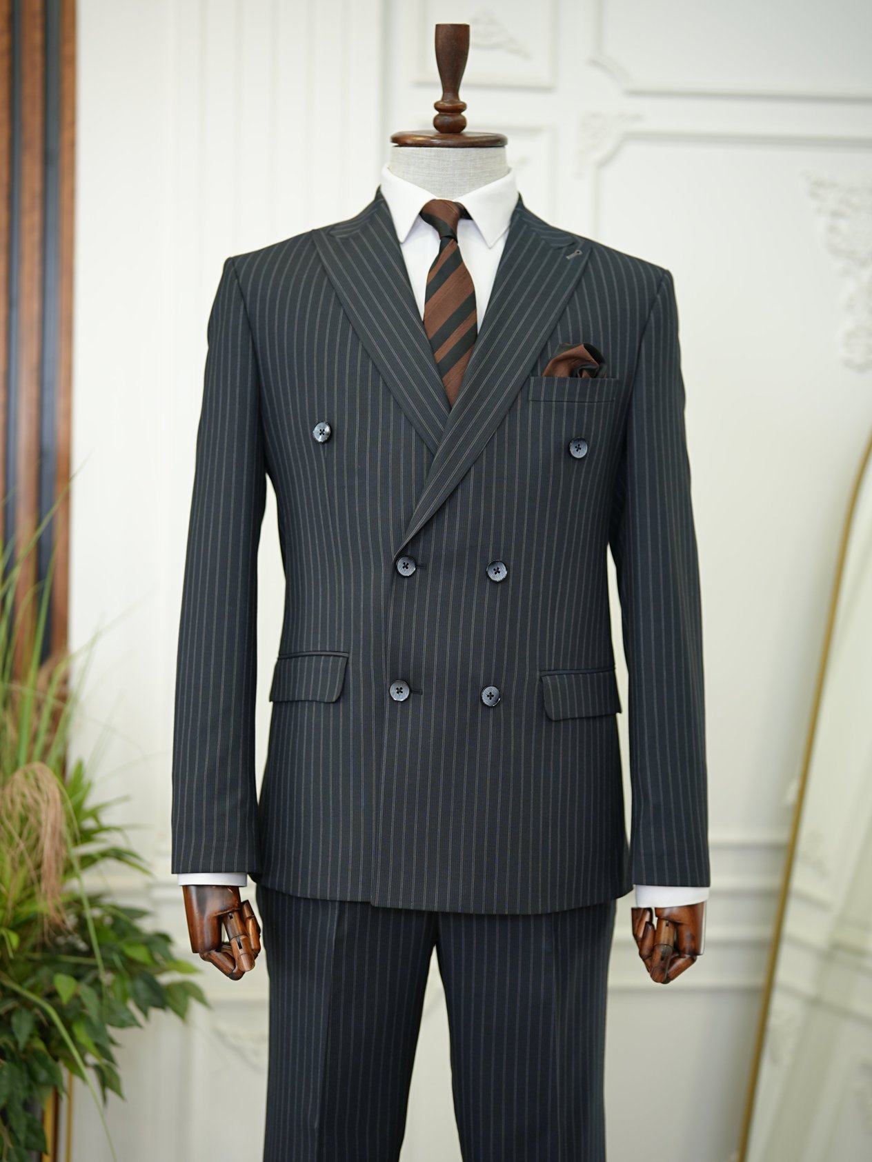 Erkek Kruvaze Piliseli Tokalı Pantolon Takım Elbise Slim Fit İtalyan Stil Ceket Pantolon-Koyu Lacivert