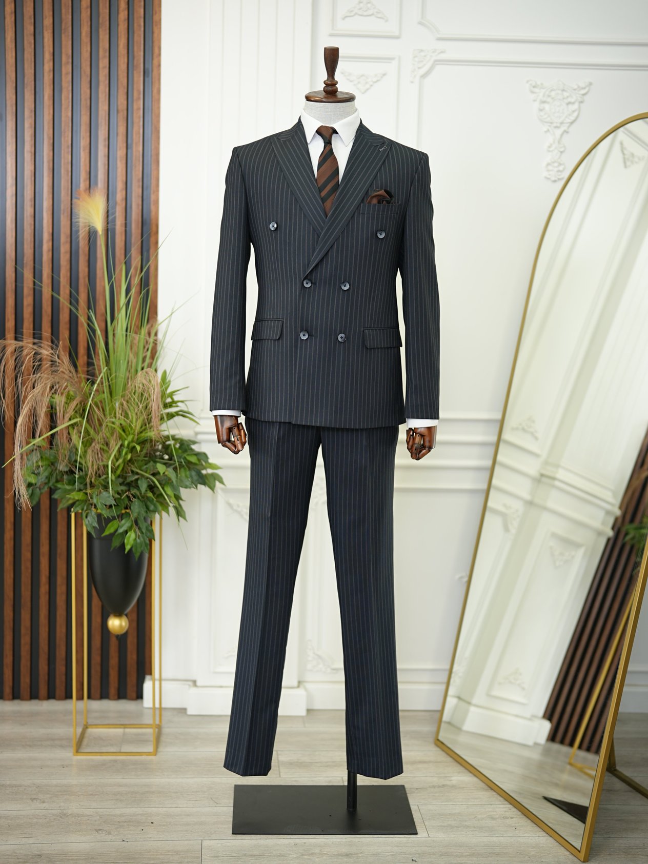 Erkek Kruvaze Piliseli Tokalı Pantolon Takım Elbise Slim Fit İtalyan Stil Ceket Pantolon-Koyu Lacivert