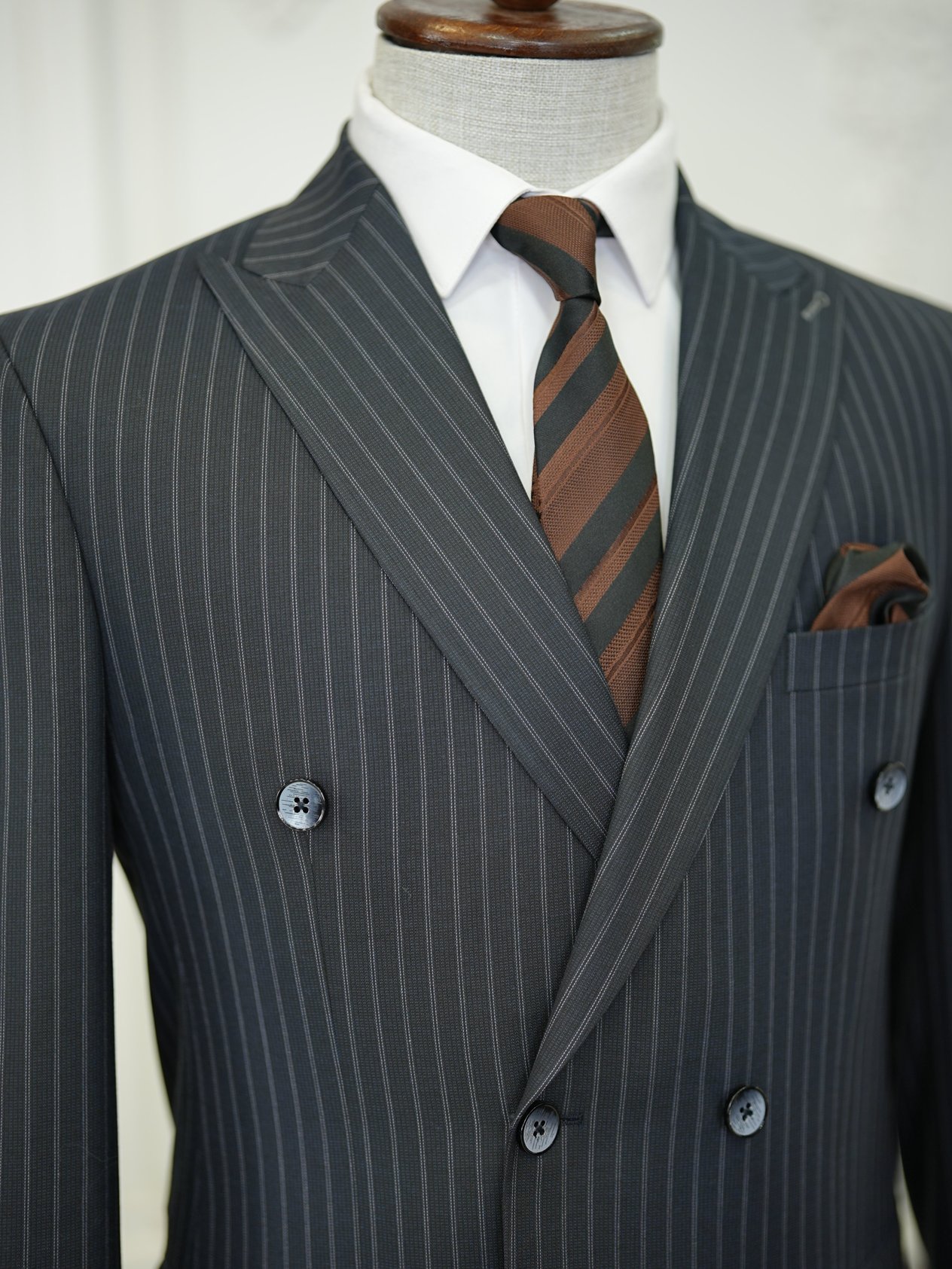 Erkek Kruvaze Piliseli Tokalı Pantolon Takım Elbise Slim Fit İtalyan Stil Ceket Pantolon-Koyu Lacivert