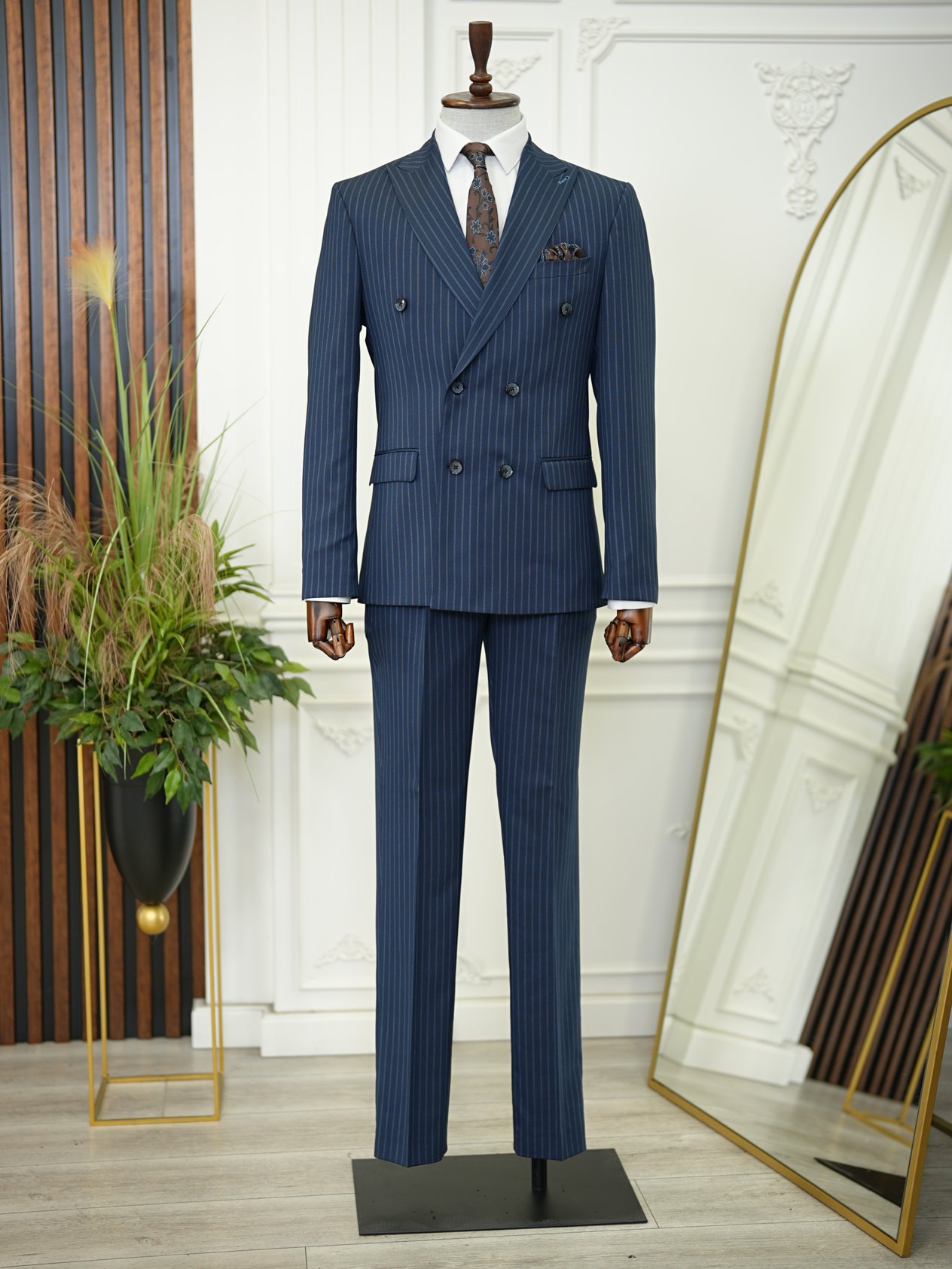 Erkek Kruvaze Piliseli Tokalı Pantolon Takım Elbise Slim Fit İtalyan Stil Ceket Pantolon-Lacivert