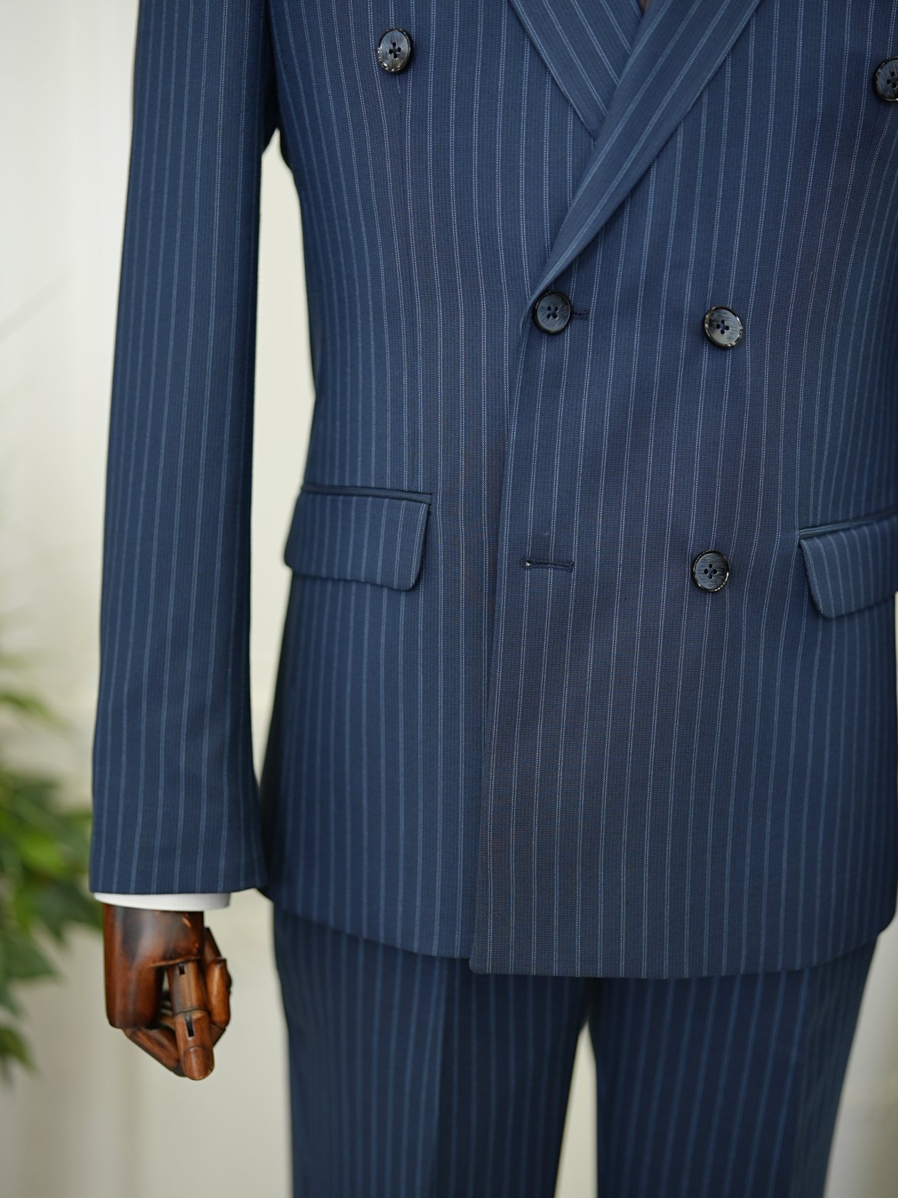 Erkek Kruvaze Piliseli Tokalı Pantolon Takım Elbise Slim Fit İtalyan Stil Ceket Pantolon-Lacivert