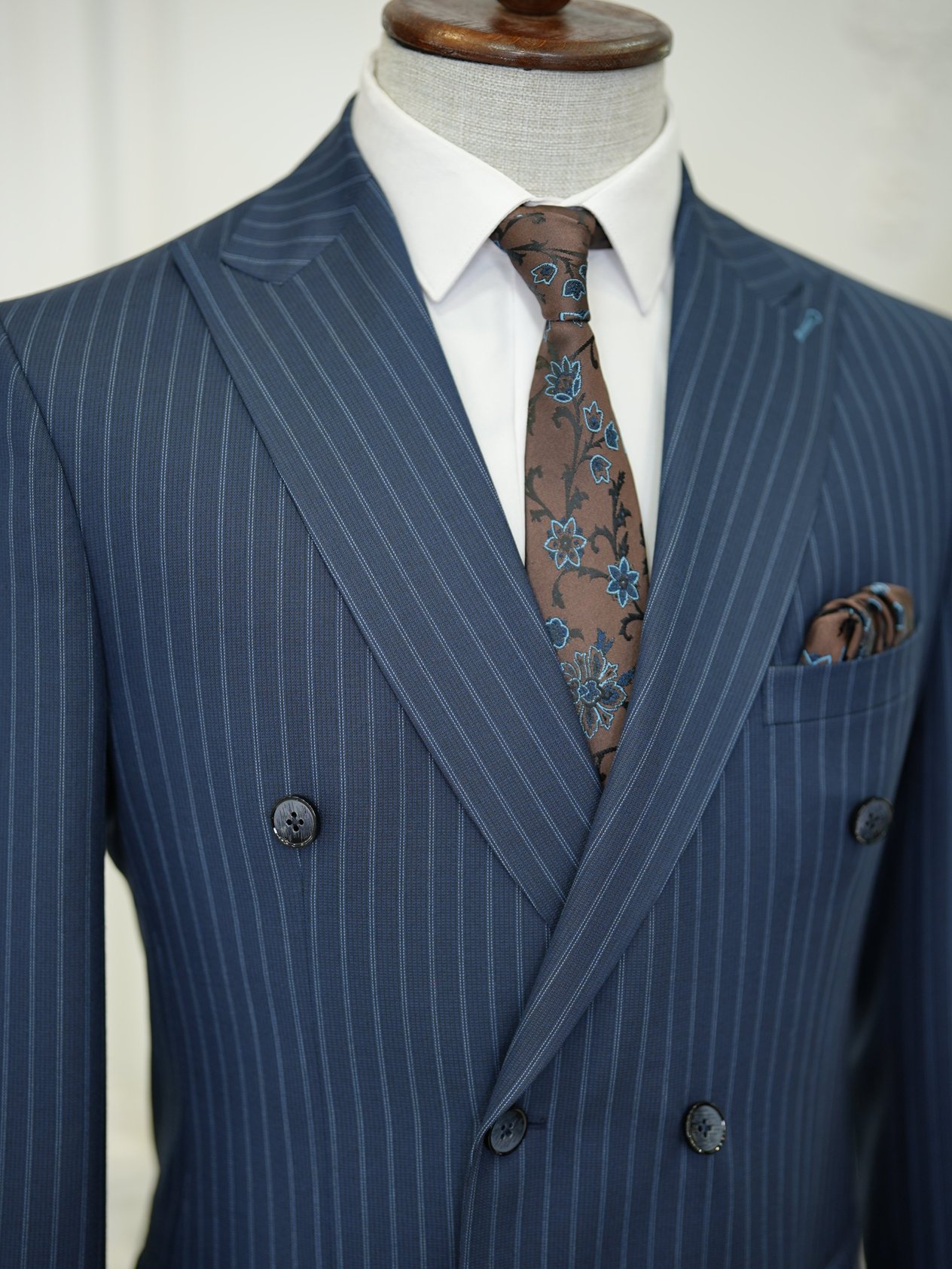 Erkek Kruvaze Piliseli Tokalı Pantolon Takım Elbise Slim Fit İtalyan Stil Ceket Pantolon-Lacivert