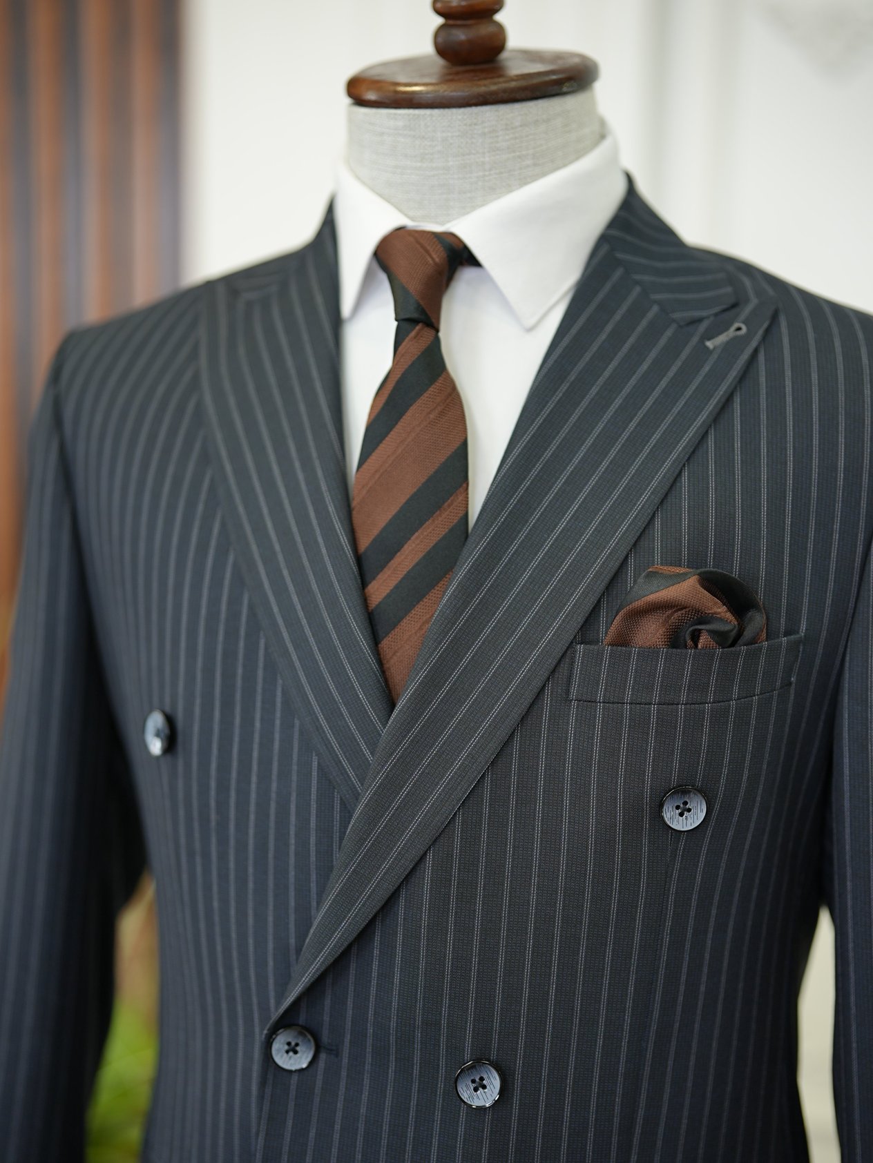 Erkek Kruvaze Piliseli Tokalı Pantolon Takım Elbise Slim Fit İtalyan Stil Ceket Pantolon-Koyu Lacivert