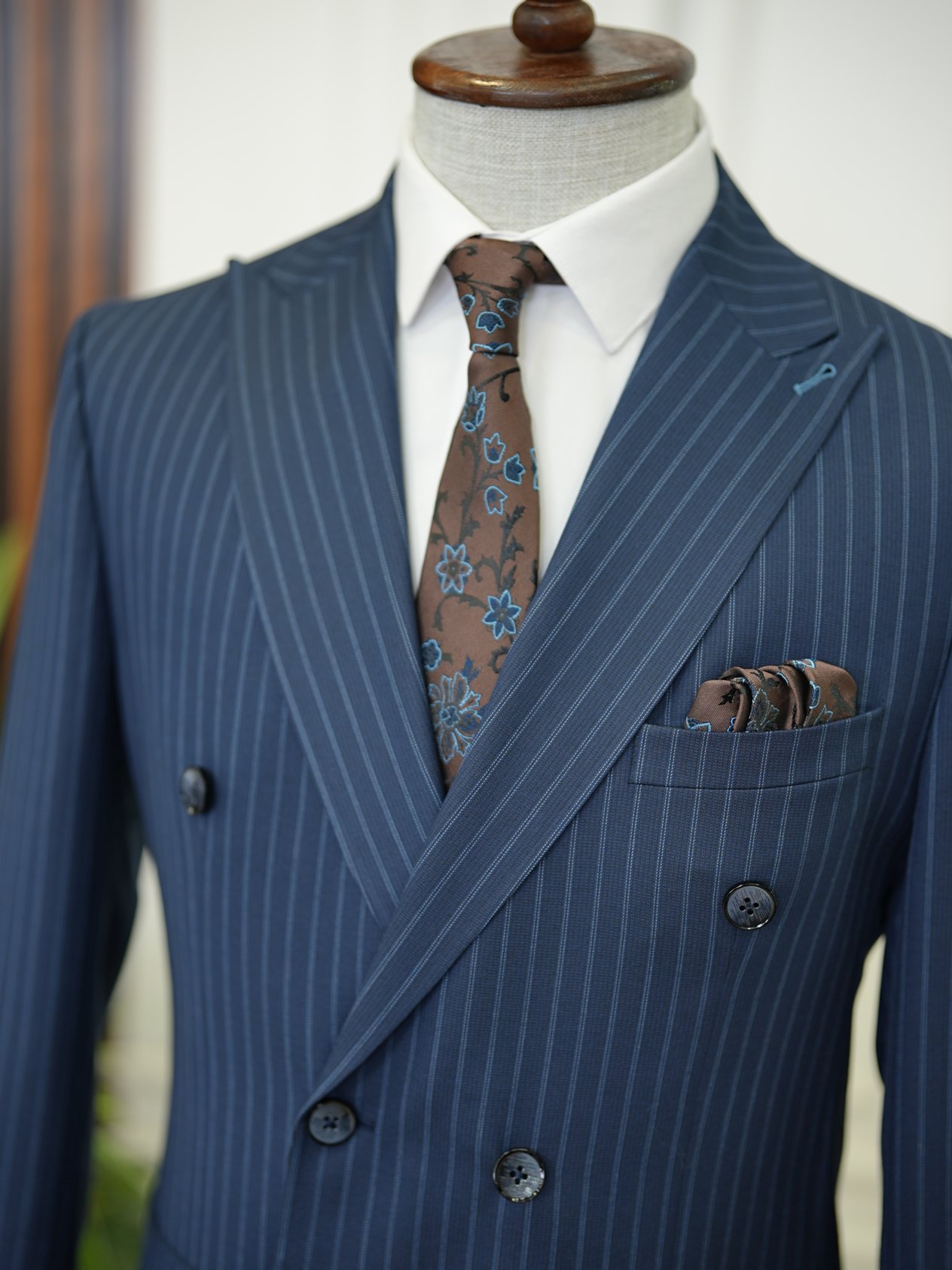 Erkek Kruvaze Piliseli Tokalı Pantolon Takım Elbise Slim Fit İtalyan Stil Ceket Pantolon-Lacivert
