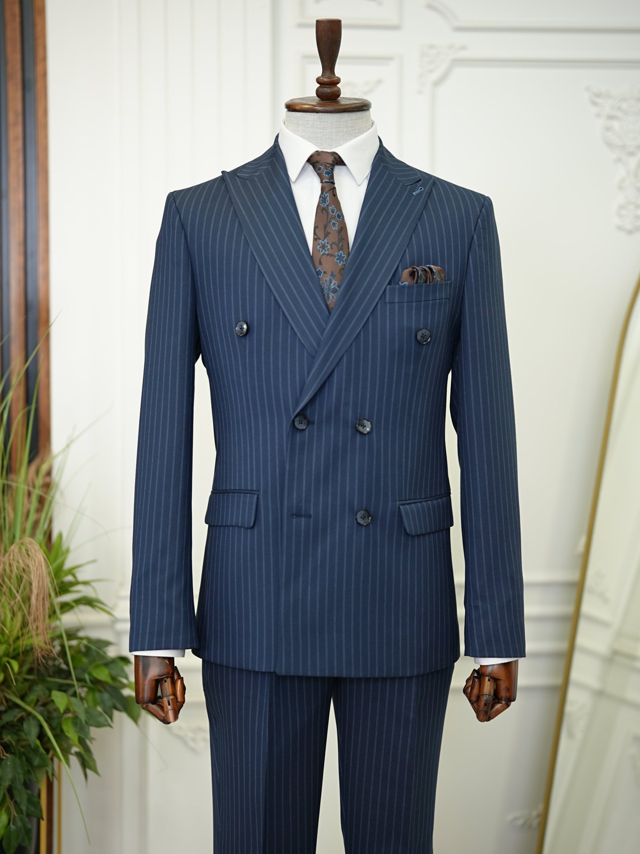 Erkek Kruvaze Piliseli Tokalı Pantolon Takım Elbise Slim Fit İtalyan Stil Ceket Pantolon-Lacivert