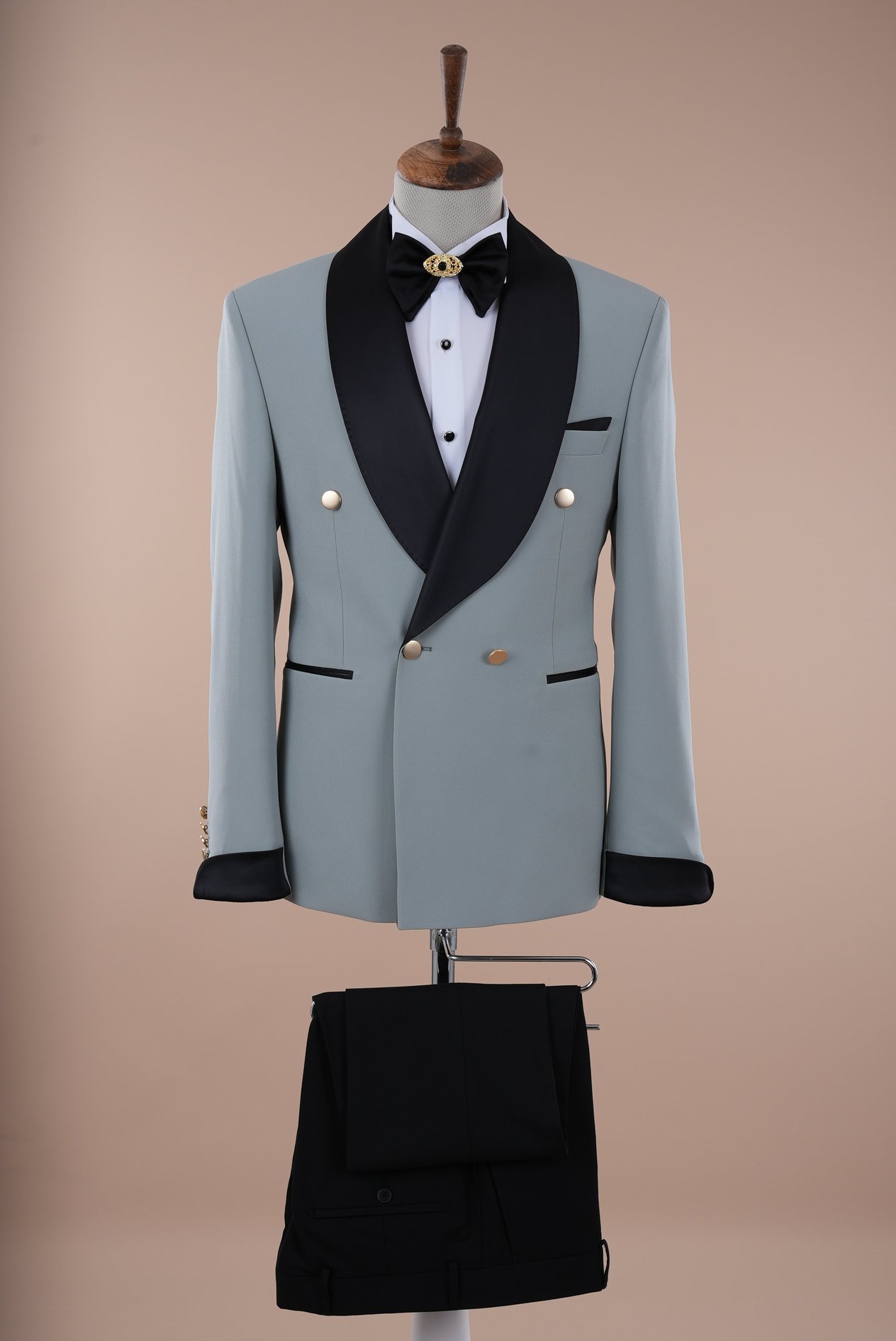 Erkek Kruvaze Şal Yaka Damatlık Kol Manşetli Metal Düğme Slim fit İtalyan Stil Ceket Pantolon Papyon - Su Yeşili