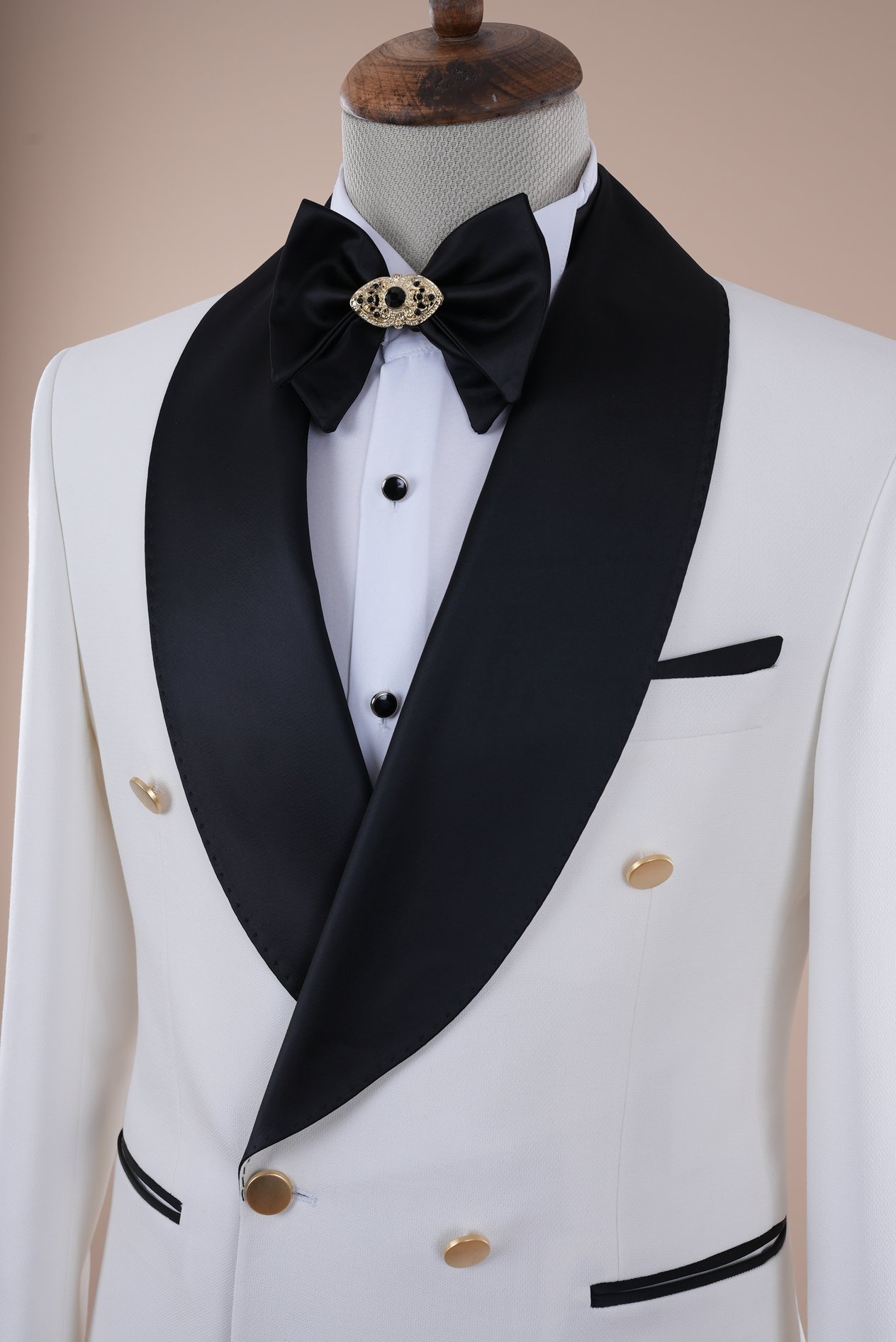 Erkek Kruvaze Şal Yaka Damatlık Kol Manşetli Metal Düğme Slim fit İtalyan Stil Ceket Pantolon Papyon - Krem