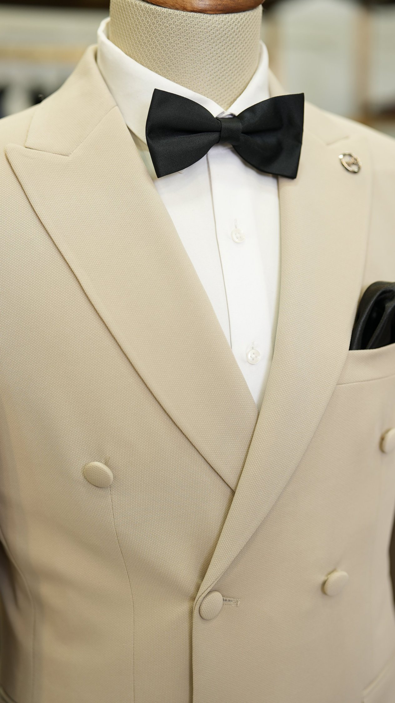Erkek Kruvaze Slim Fit İtalyan Stil Damatlık Takım Elbise Ceket Pantolon-Bej