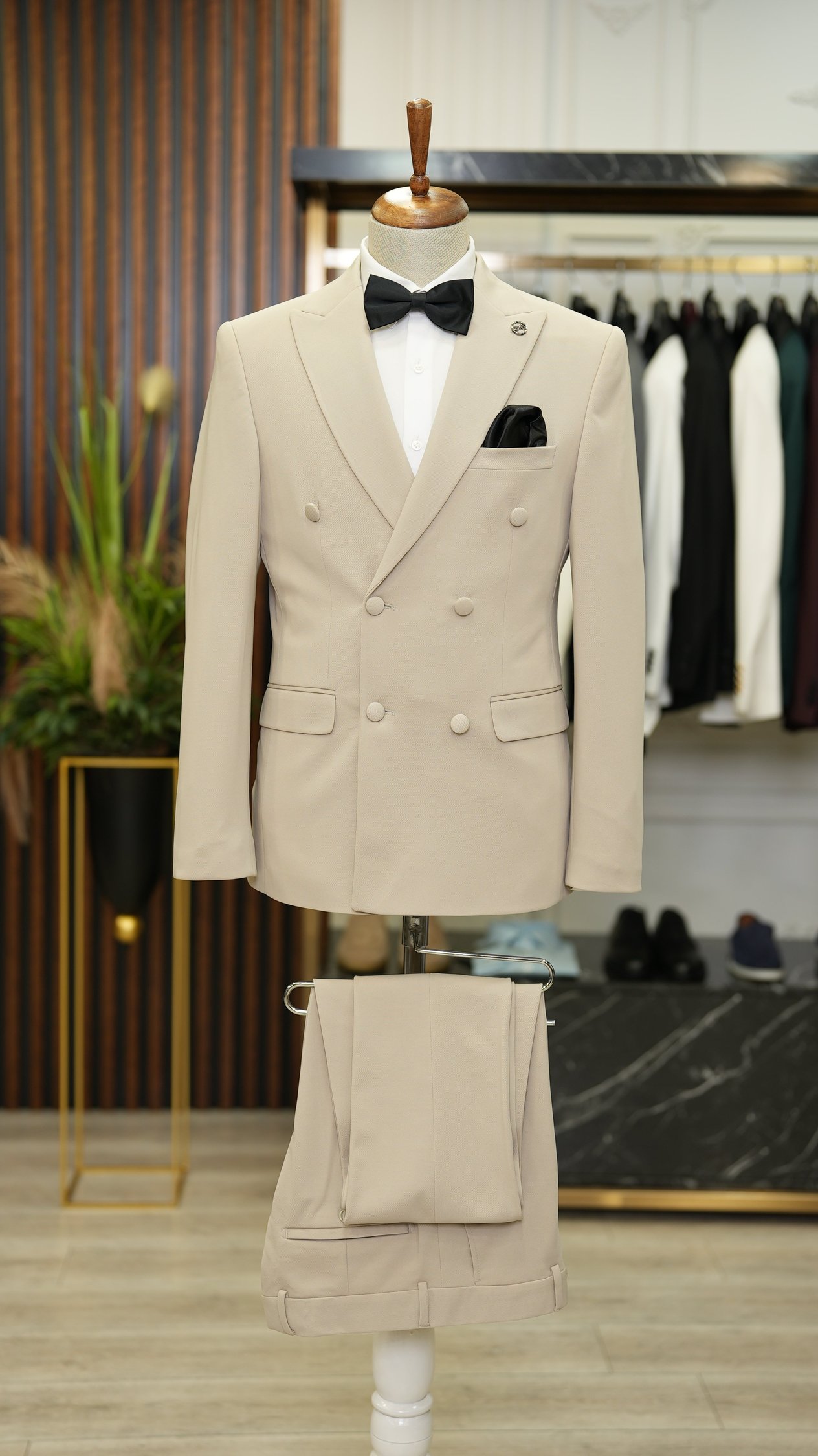 Erkek Kruvaze Slim Fit İtalyan Stil Damatlık Takım Elbise Ceket Pantolon-Bej