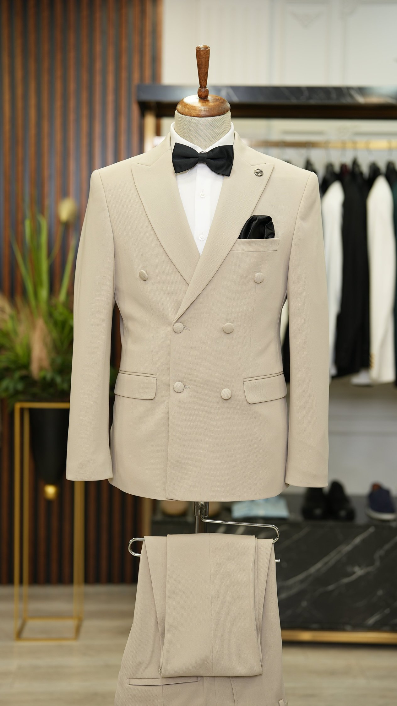 Erkek Kruvaze Slim Fit İtalyan Stil Damatlık Takım Elbise Ceket Pantolon-Bej