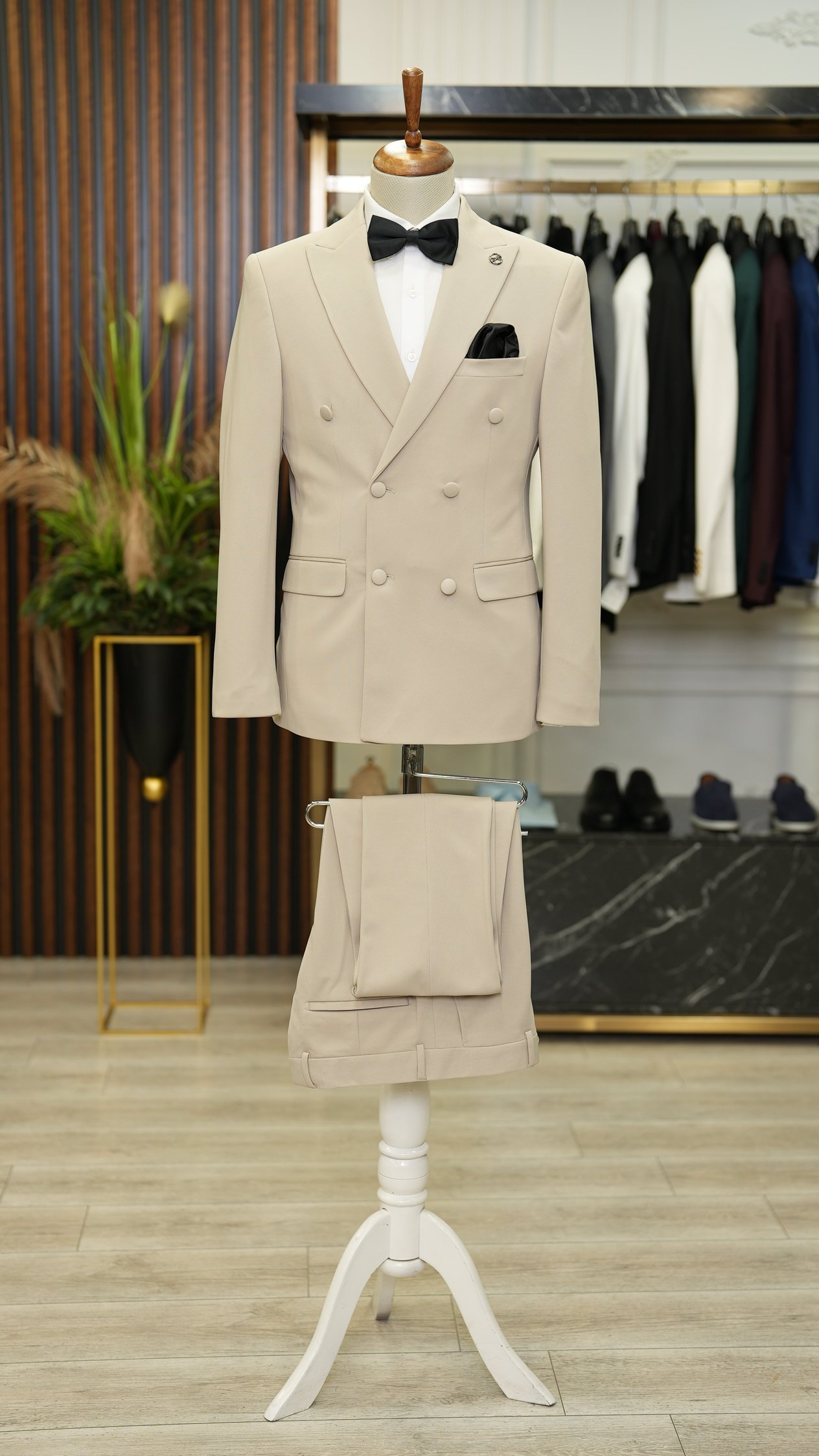 Erkek Kruvaze Slim Fit İtalyan Stil Damatlık Takım Elbise Ceket Pantolon-Bej