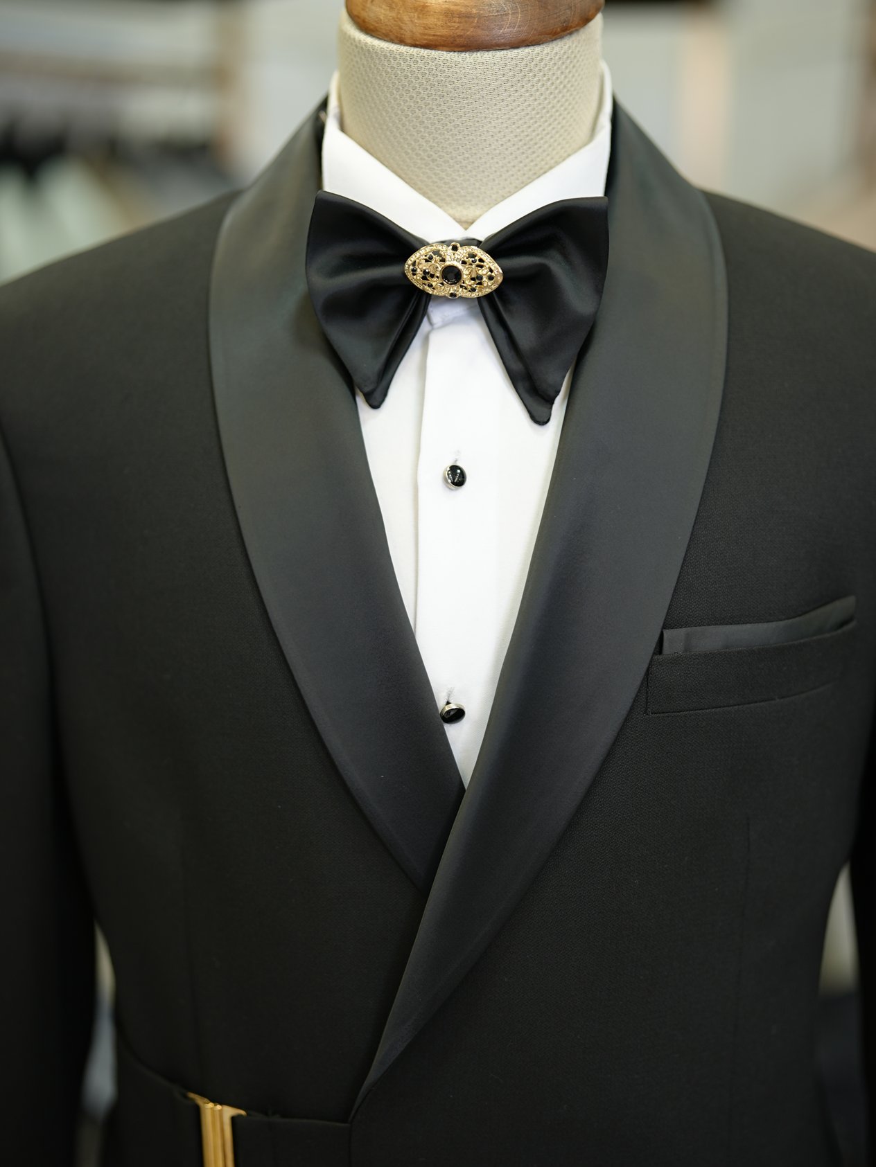 Erkek Kruvaze Smokin Damatlık Gold Toka Şal Yaka İtalyan Stil Slim Fit Ceket Pantolon Papyon - Siyah