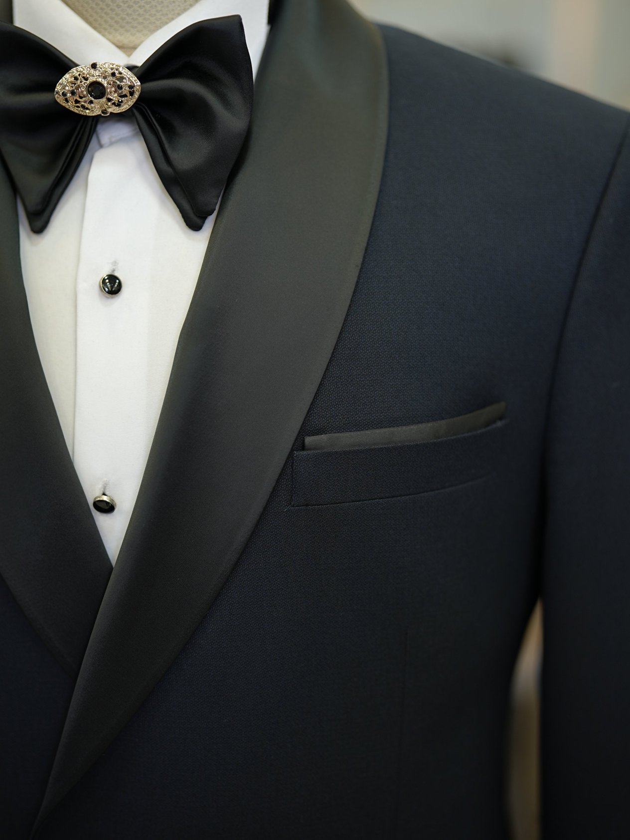 Erkek Kruvaze Smokin Damatlık Gold Toka Şal Yaka İtalyan Stil Slim Fit Ceket Pantolon Papyon - Koyu Lacivert