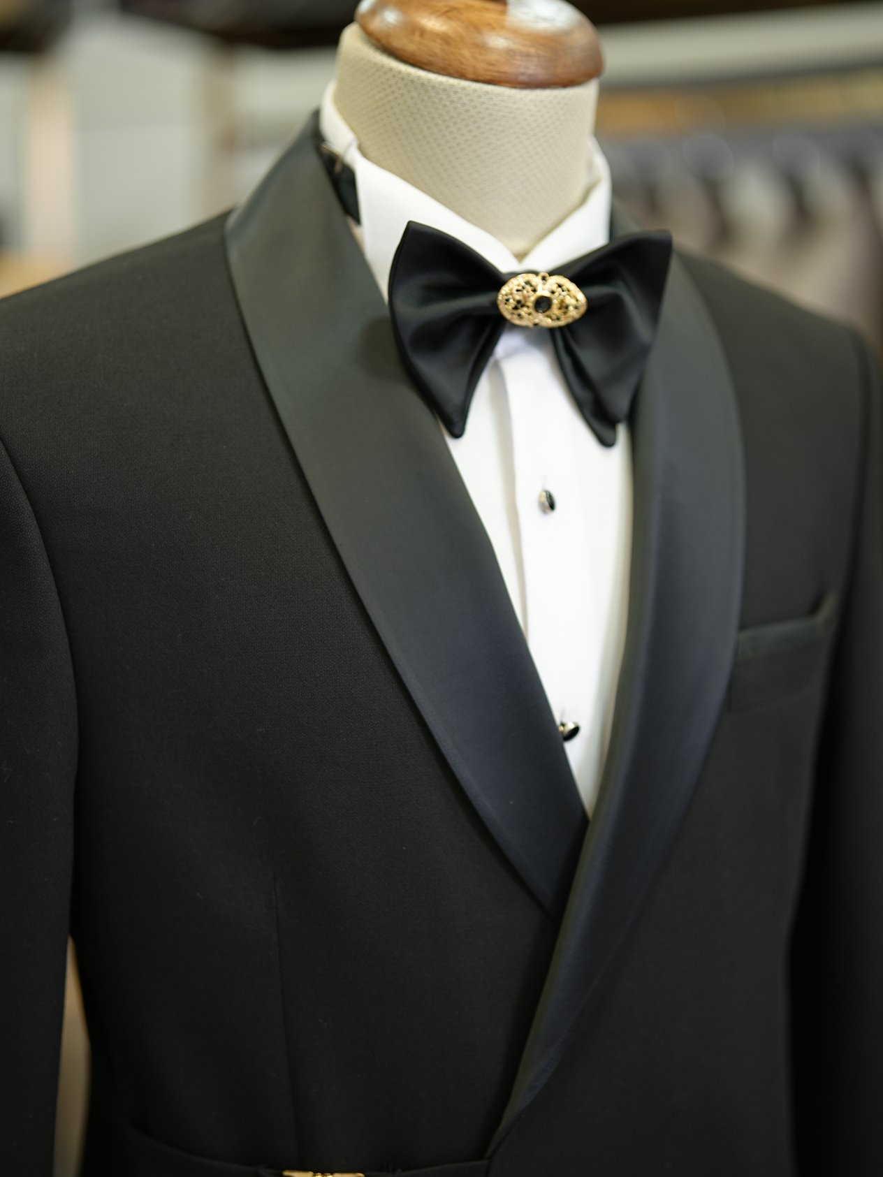 Erkek Kruvaze Smokin Damatlık Gold Toka Şal Yaka İtalyan Stil Slim Fit Ceket Pantolon Papyon - Siyah