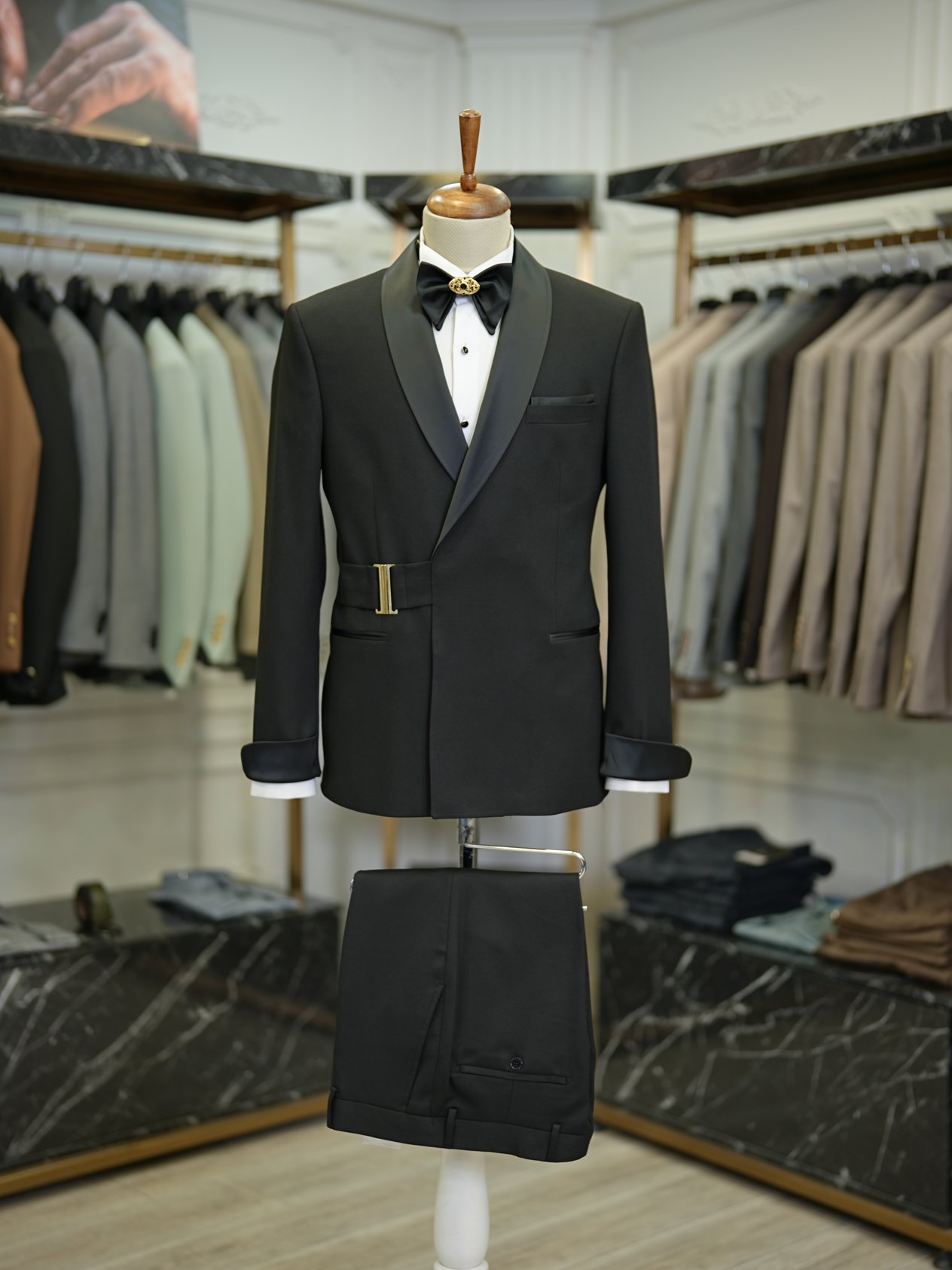 Erkek Kruvaze Smokin Damatlık Gold Toka Şal Yaka İtalyan Stil Slim Fit Ceket Pantolon Papyon - Siyah